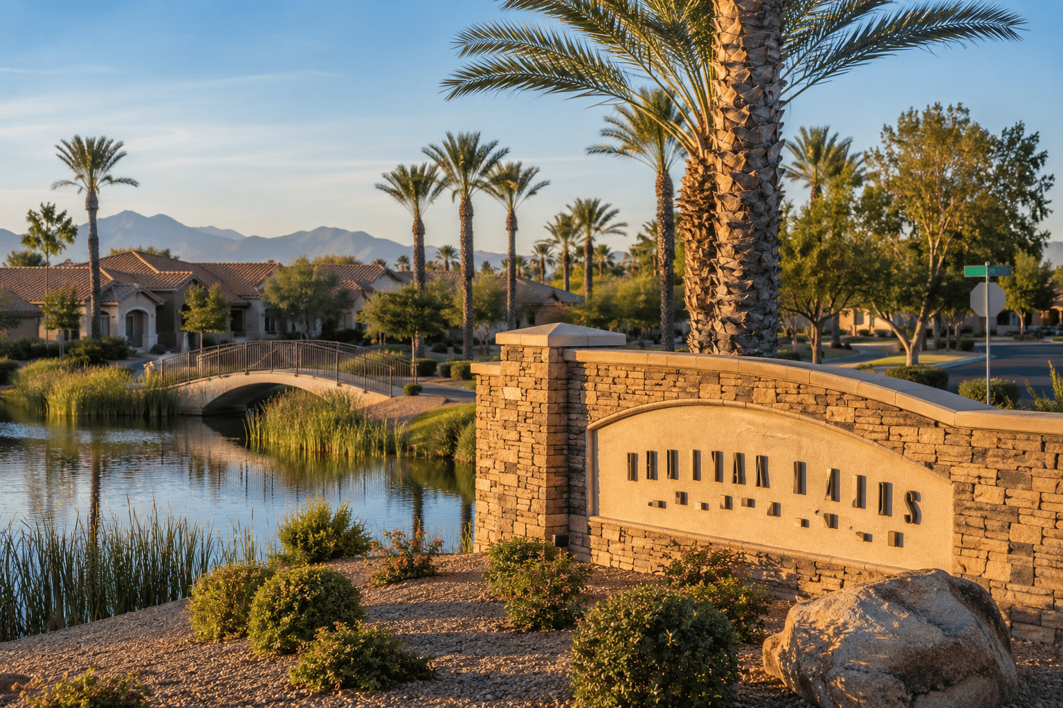 Ventana Lakes entry monument and street sign Peoria Sun City boundary West Valley Arizona morning light