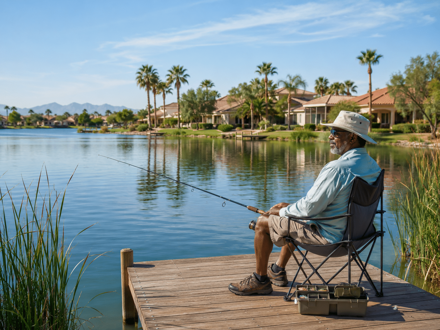 Solo resident fishing from dock at Ventana Lakes nine stocked lakes 55+ retirement community Peoria AZ midday