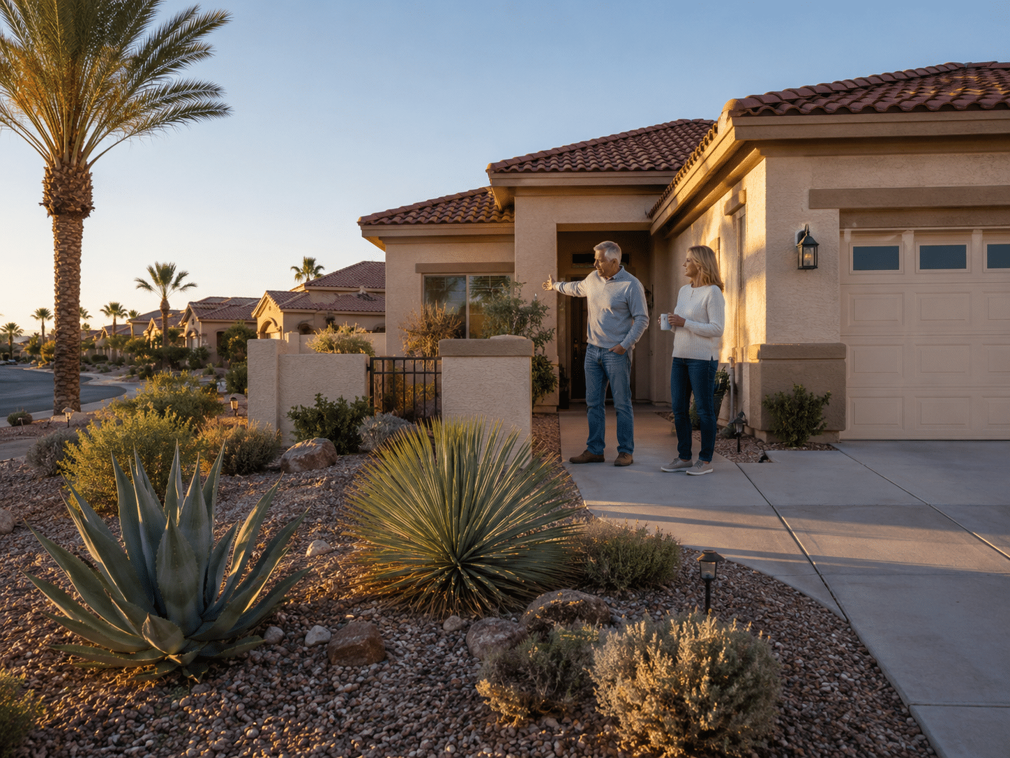 Couple in 60s standing on front walkway of single-family home at Ventana Lakes Peoria AZ desert landscaping mature palm trees morning light