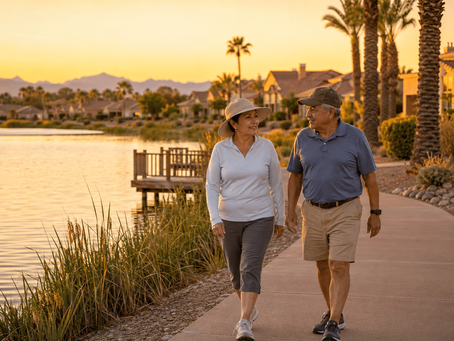 Couple walking around lake at Ventana Lakes Peoria AZ 55+ active adult community paved walking path golden hour