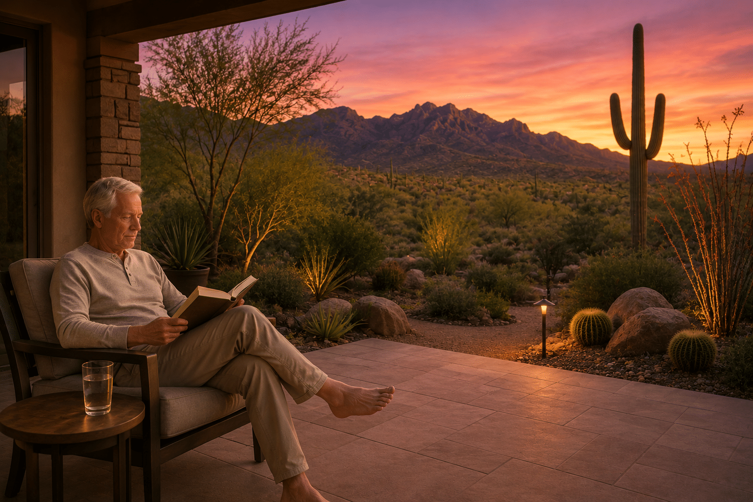reading a hardcover book on the covered back patio of a Shea Homes residence at Trilogy at Verde River