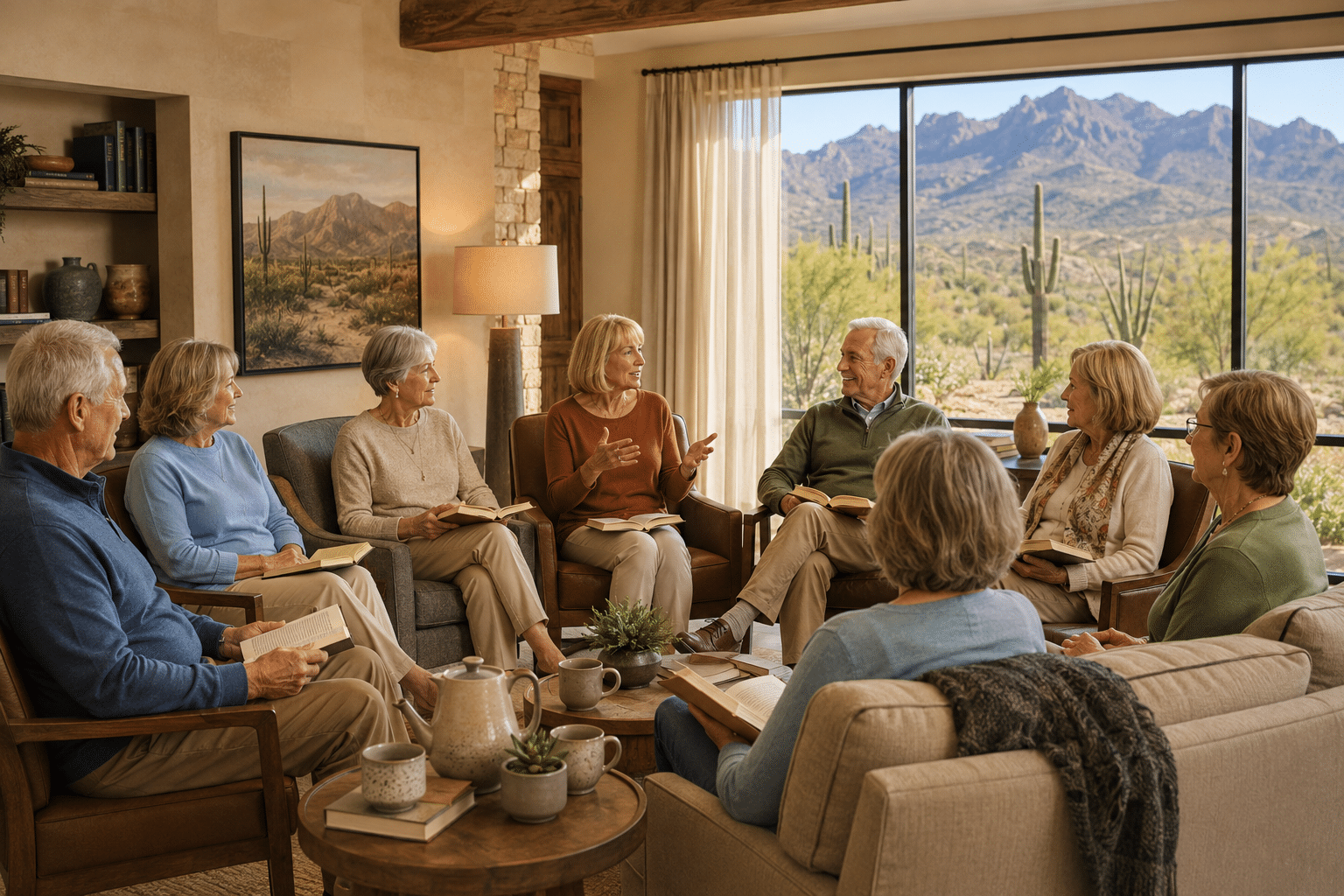 seven residents of Trilogy at Verde River seated in a loose circle of armchairs and a low couch in a clubhouse