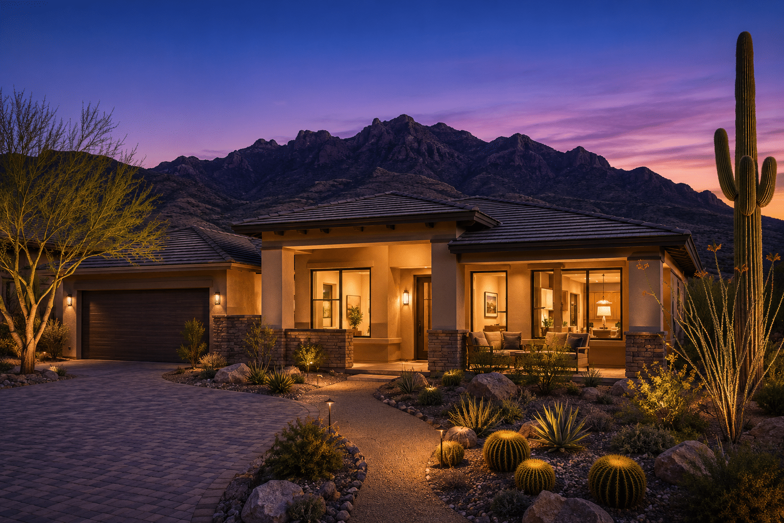 Shea Homes residence at Trilogy at Verde River, photographed at dusk with no people in the frame