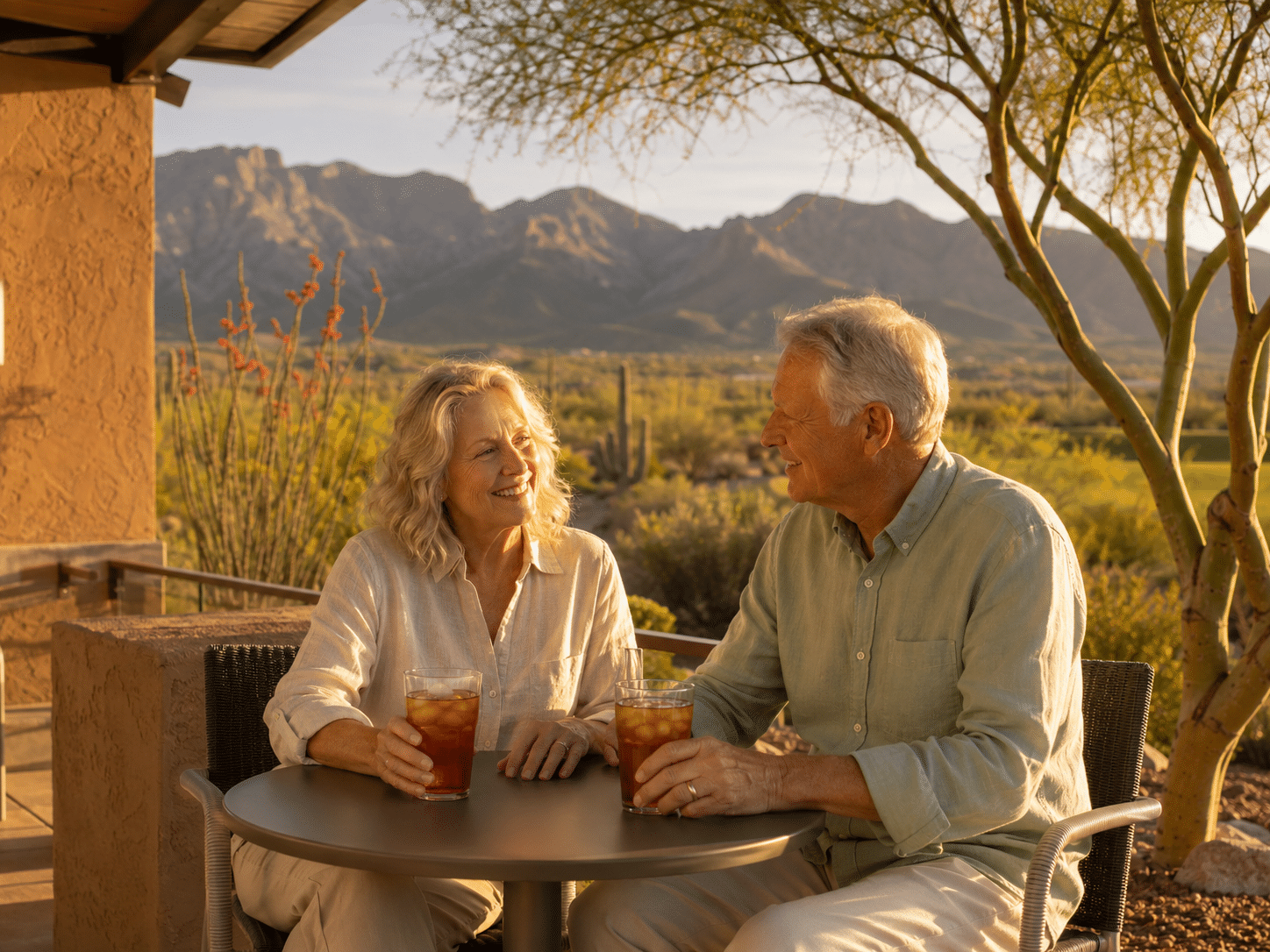 active-adult couple in their late 60s, one man and one woman, sitting at a small outdoor table on the Verde Cafe patio at golden hour
