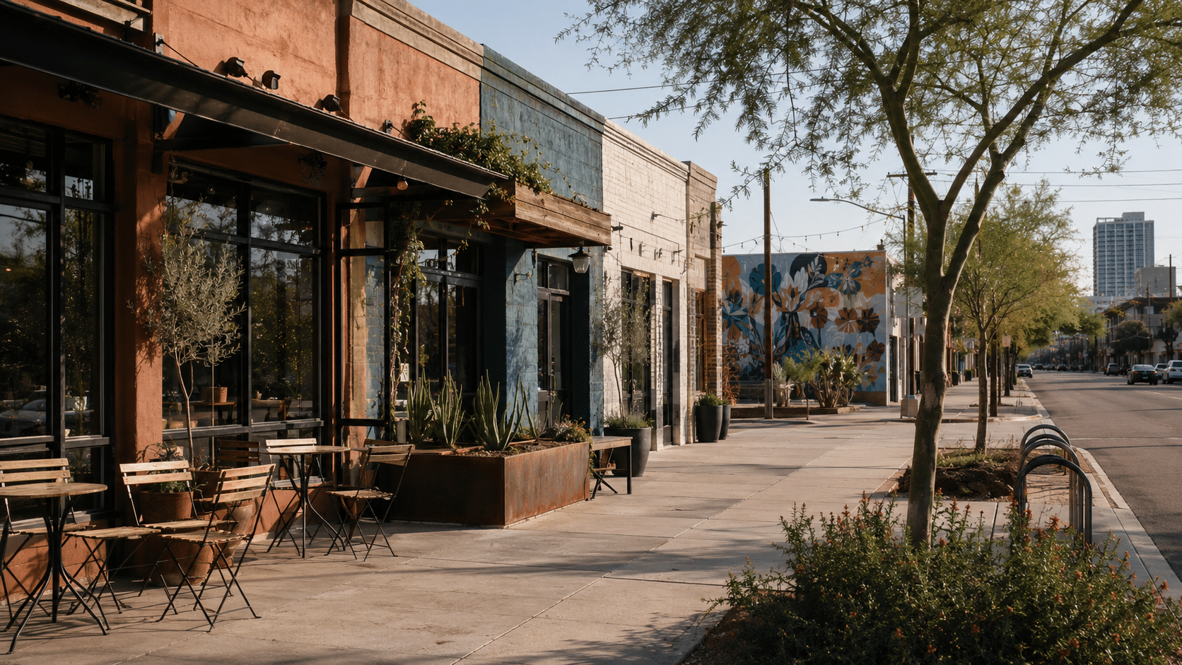 Phoenix Real Estate near Roosevelt Row with a walkable arts district streetscape and restored downtown building