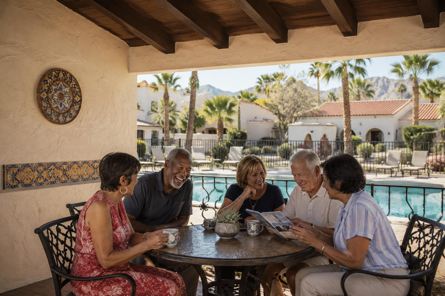 55-plus residents gathered around a small bistro table