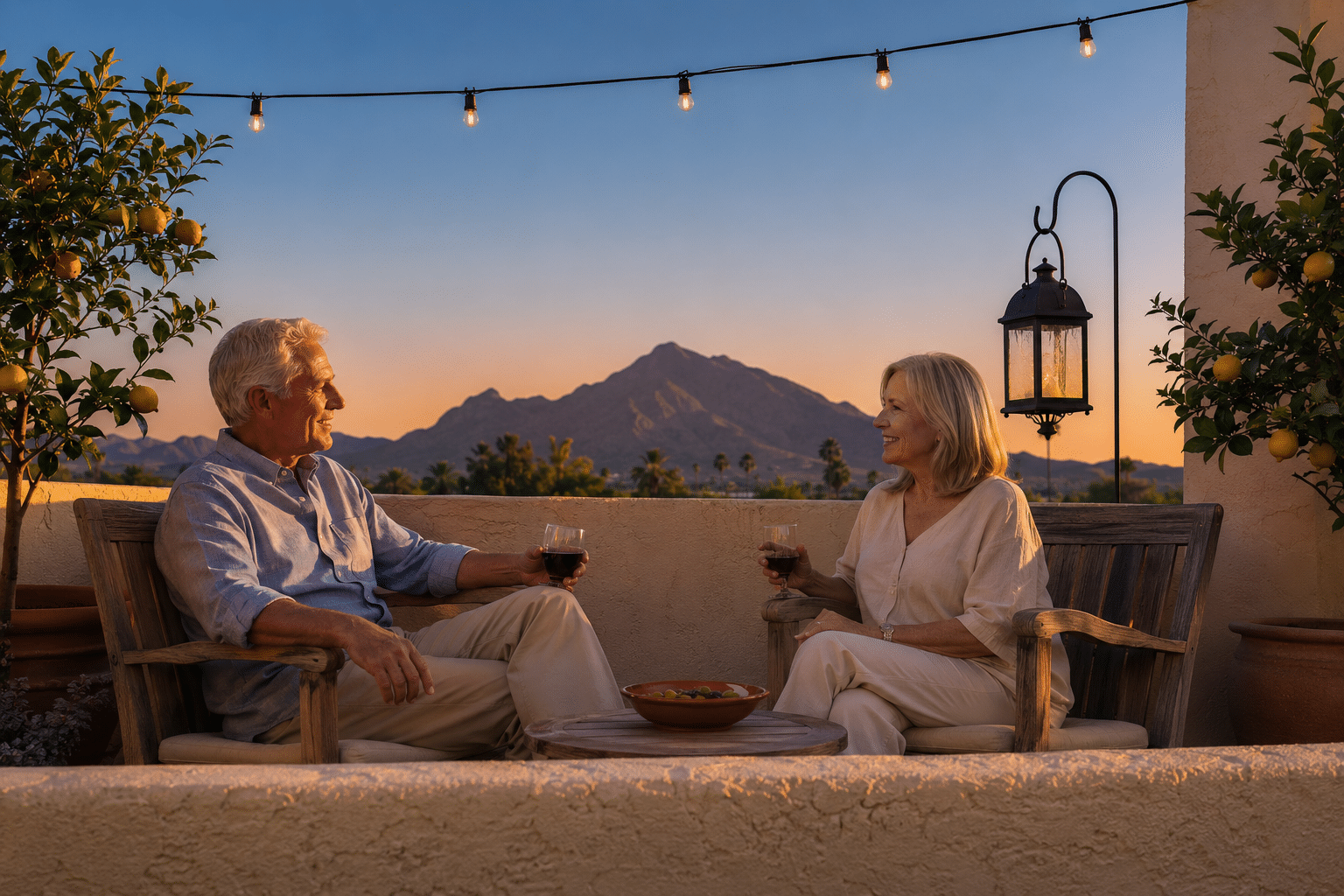 couple in their late 60s relaxing on a private patio at the back of a Villa Monterey townhome