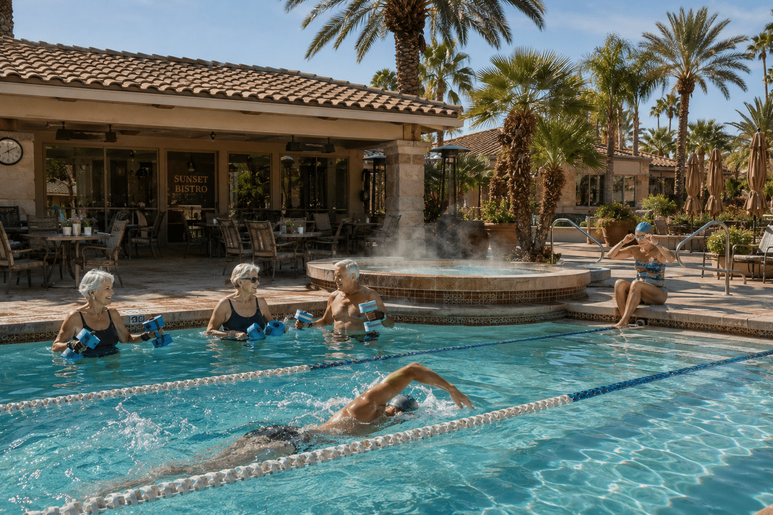 heated pool and spa deck at Westbrook Village's Lakes Recreation Center