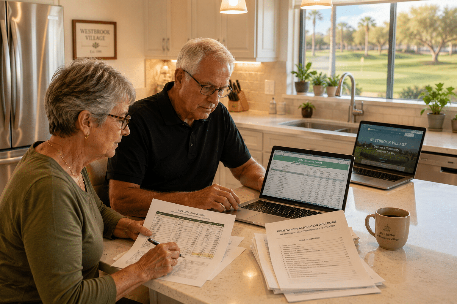 couple in their late sixties seated at a Westbrook Village home's kitchen counter reviewing printed HOA documents and a laptop screen