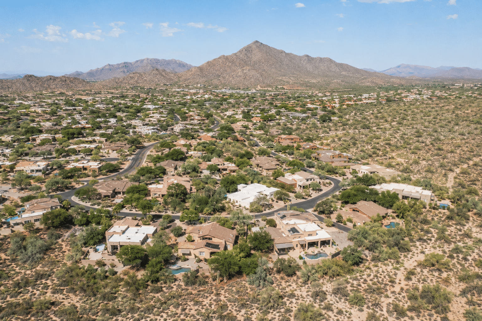 Ironwood Village Scottsdale master-planned community aerial view with McDowell Mountains