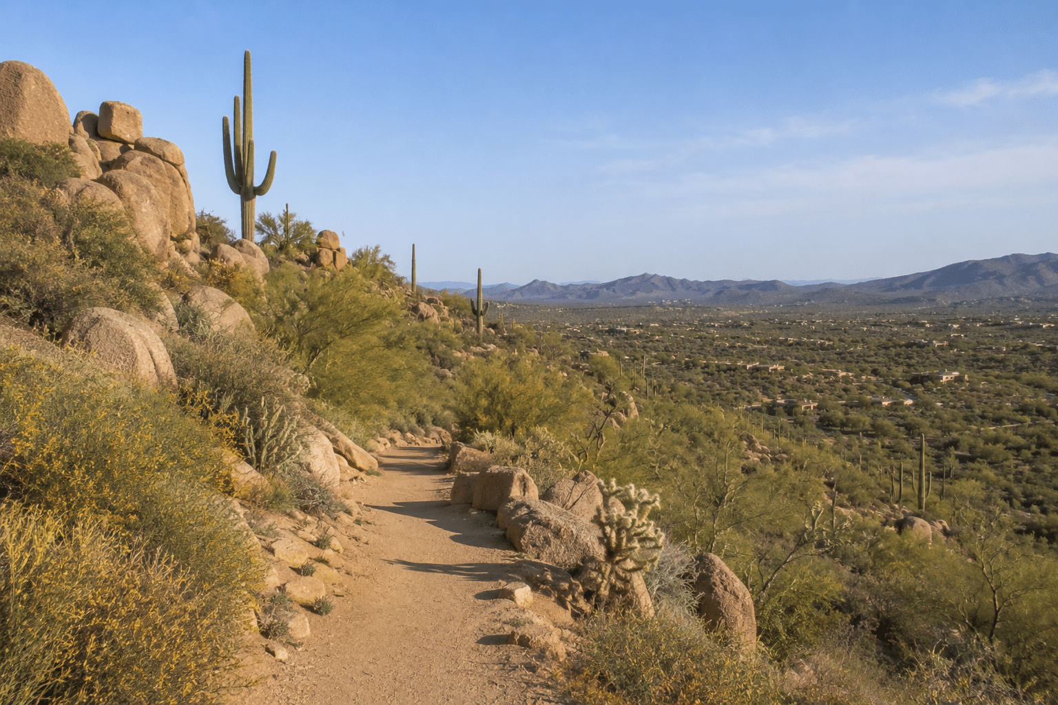 Pinnacle Peak Park hiking trail Scottsdale saguaro cactus and granite summit views