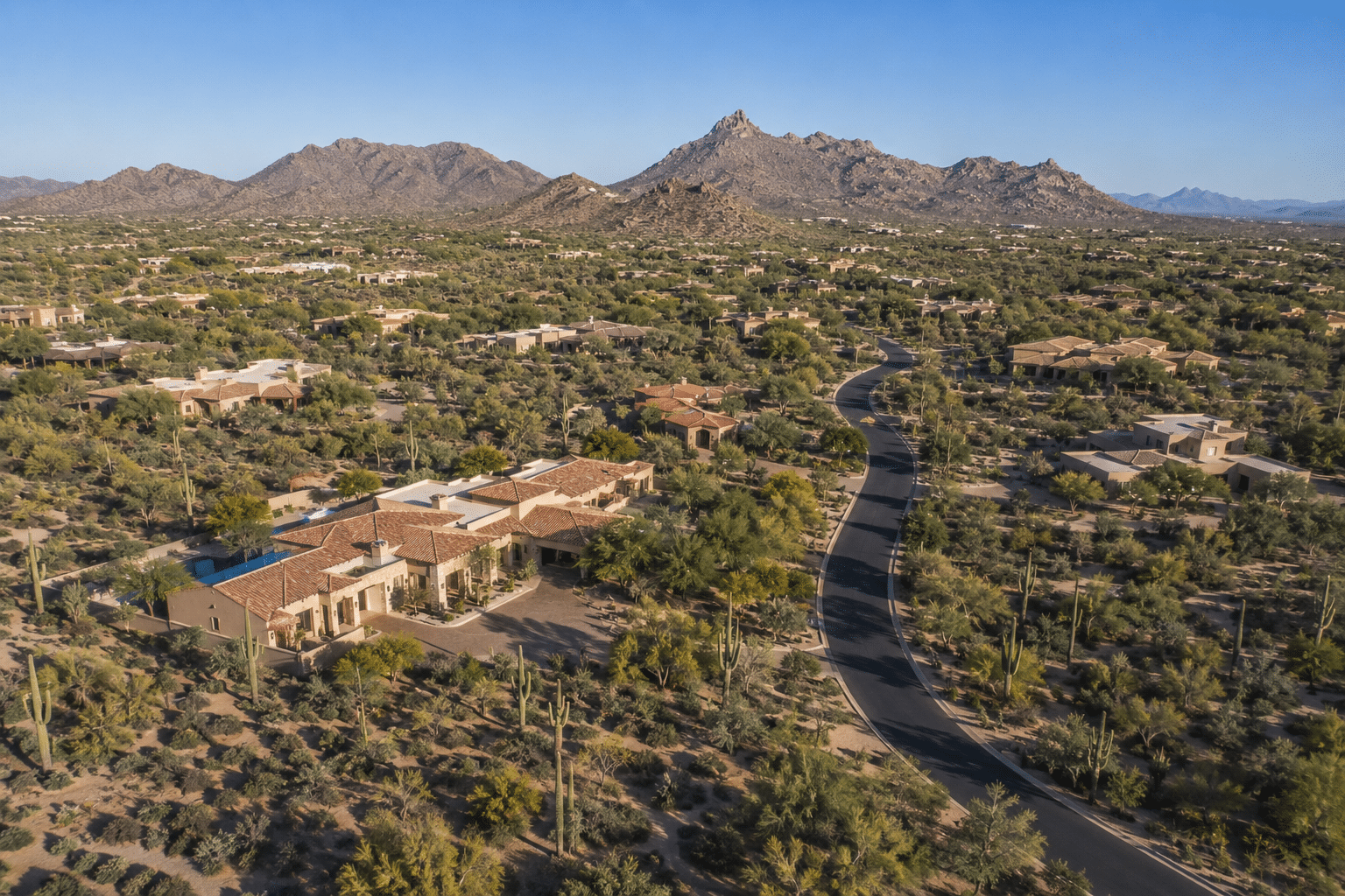 Saguaro Highlands North Scottsdale luxury estate aerial view with desert landscaping