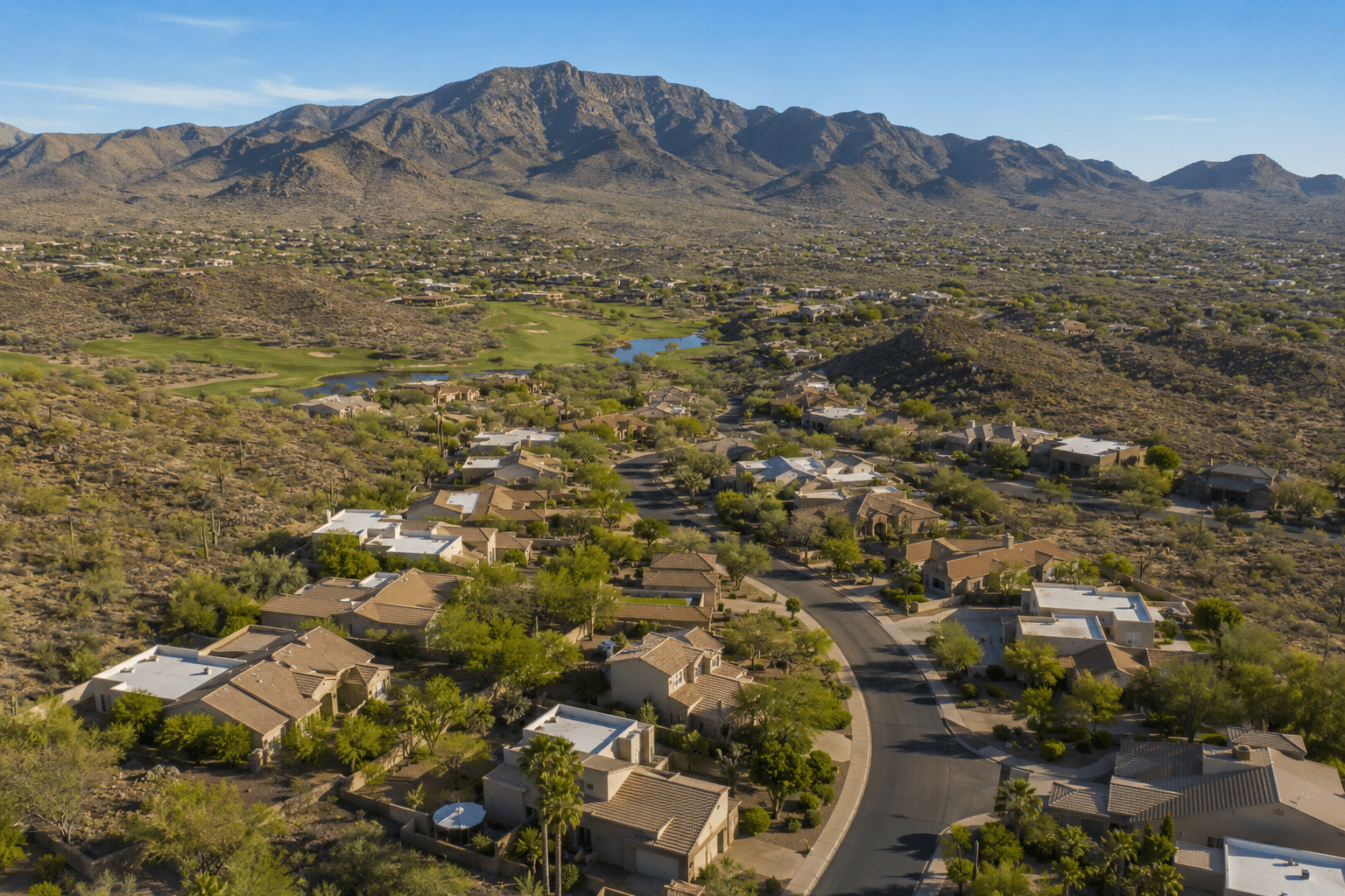 Ahwatukee Foothills master-planned community aerial view with South Mountain backdrop