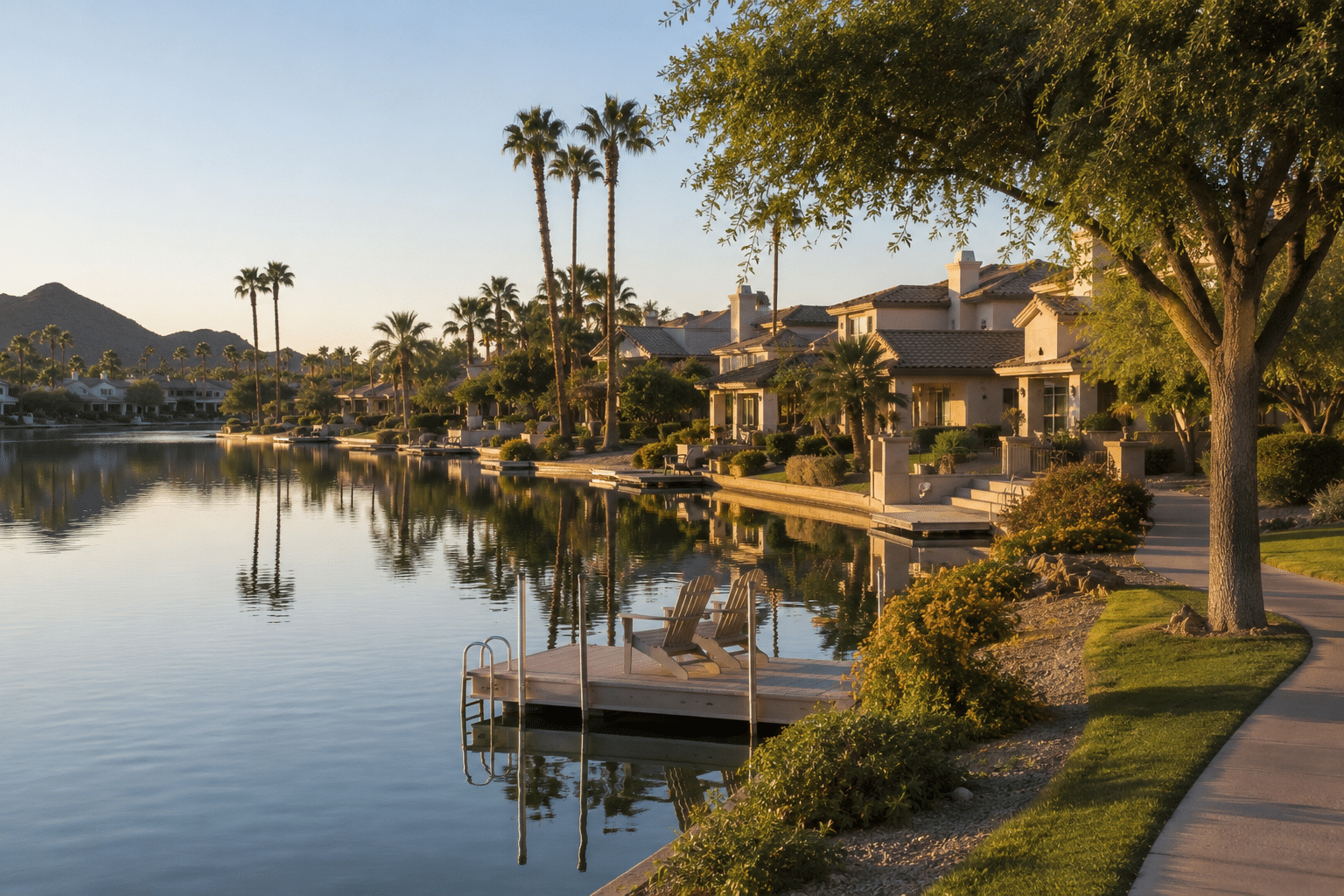 Lakewood Phoenix community lake dock and greenbelt walking path