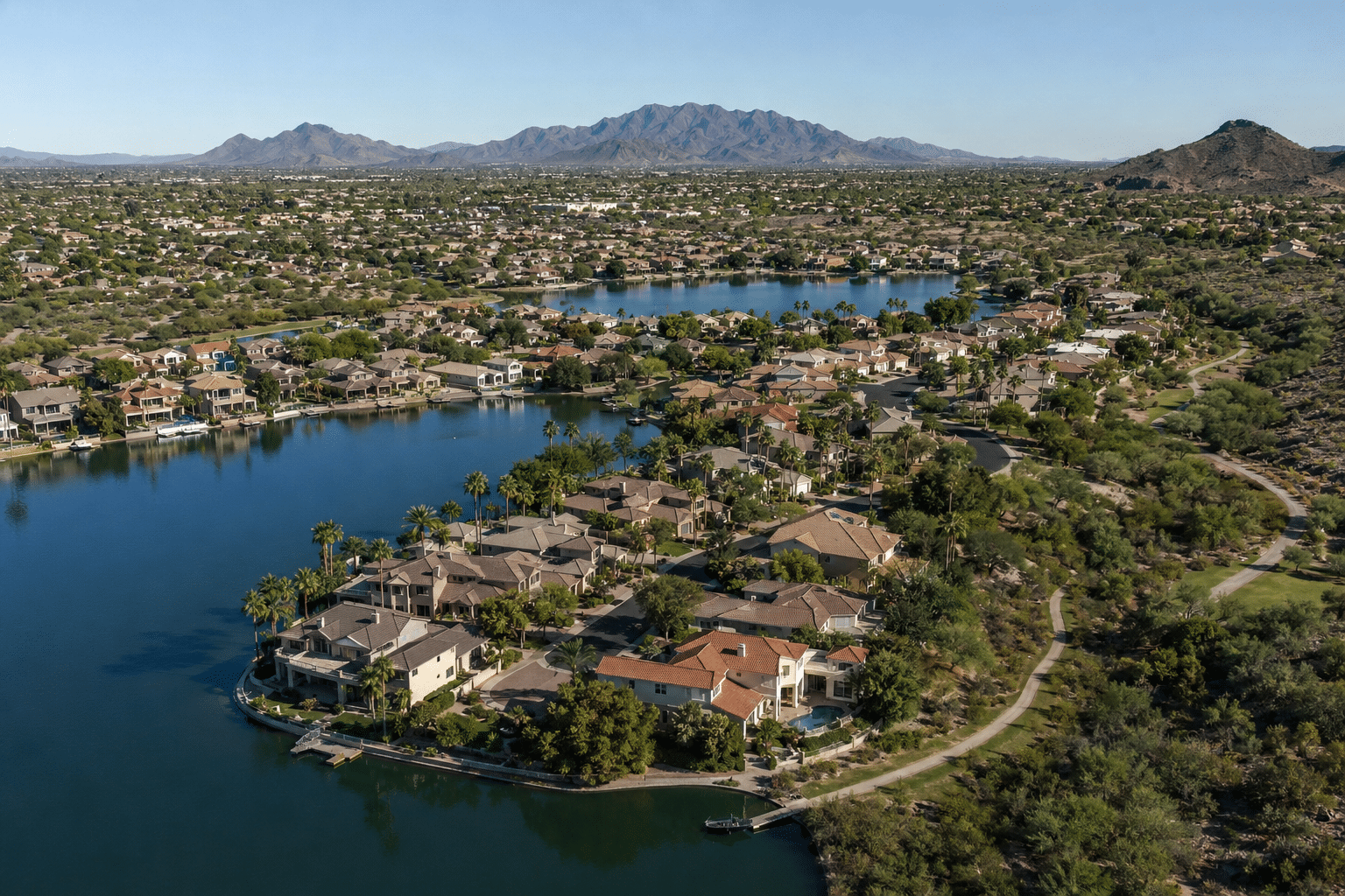 Lakewood Ahwatukee Phoenix waterfront homes aerial view with residential lakes