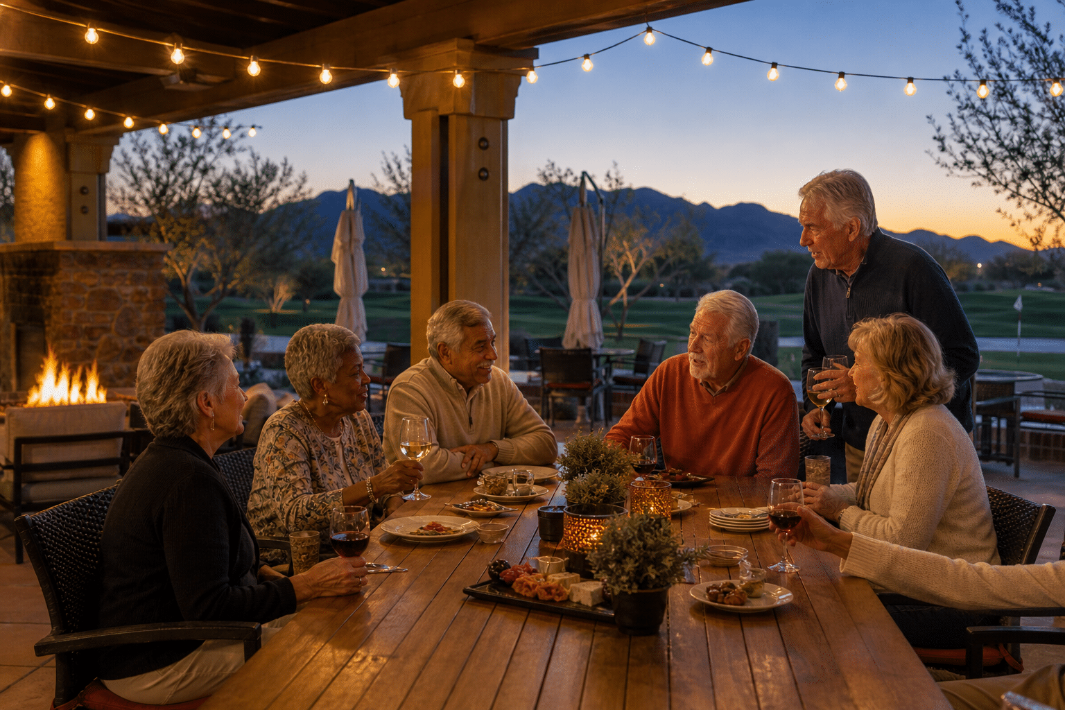 gathered at an outdoor evening social on the Indigo Grille patio in Buckeye, Arizona