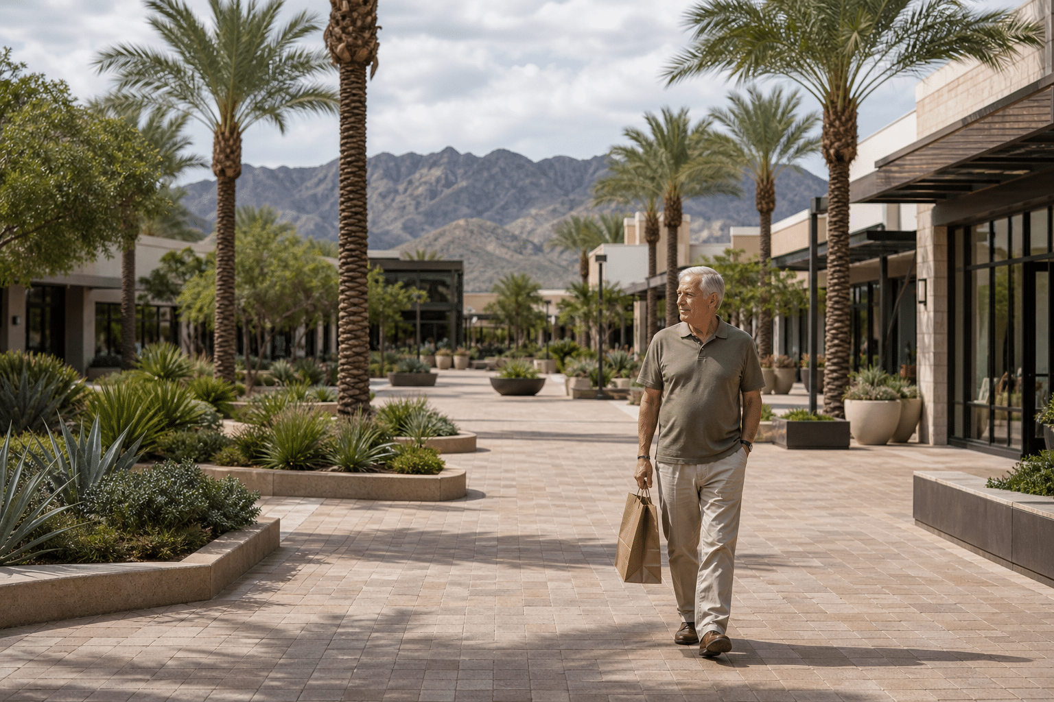 solo man in his late 60s walking through the Verrado Marketplace plaza in Buckeye