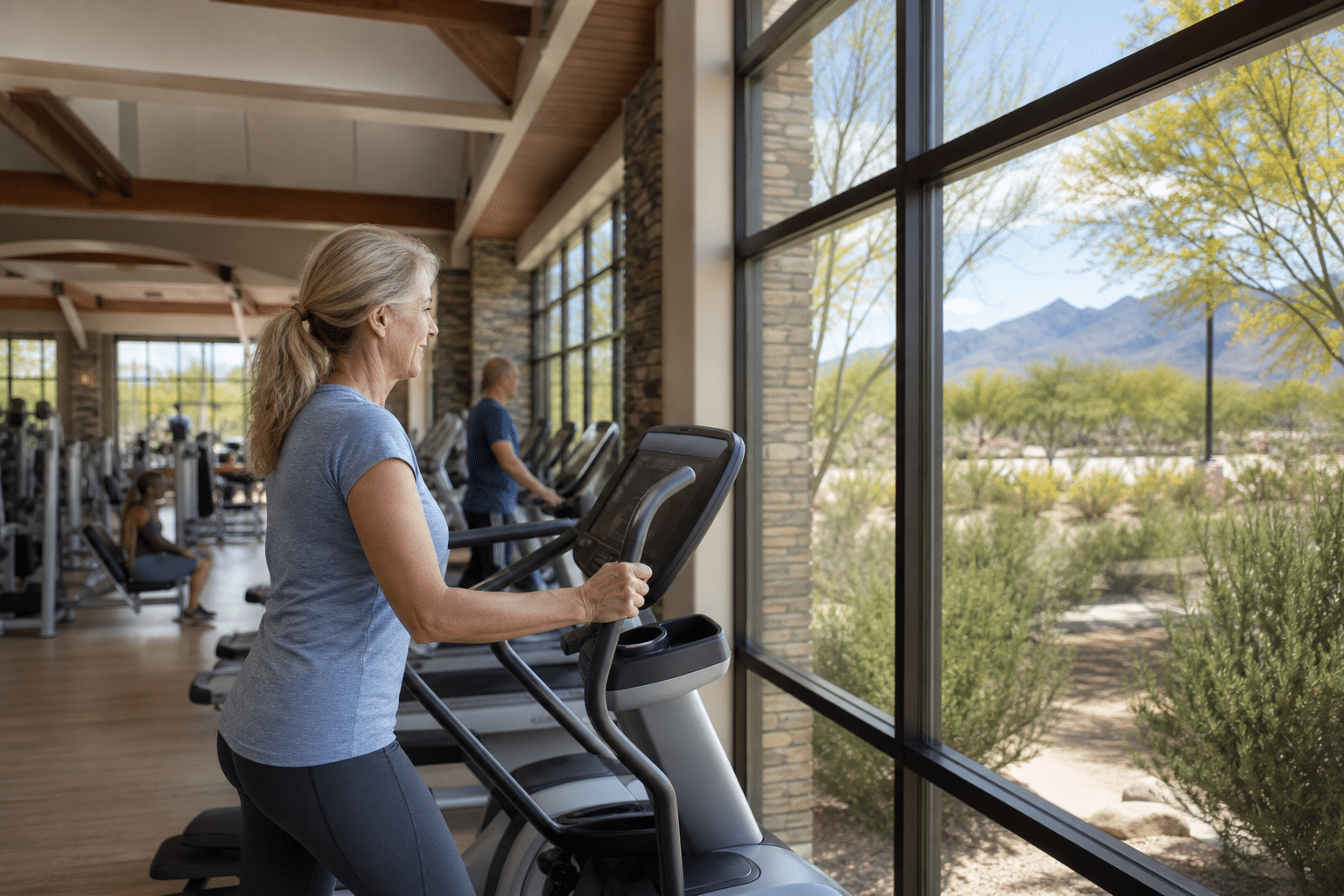 solo woman in her early 60s on a cardio machine at the Sage Center fitness floor