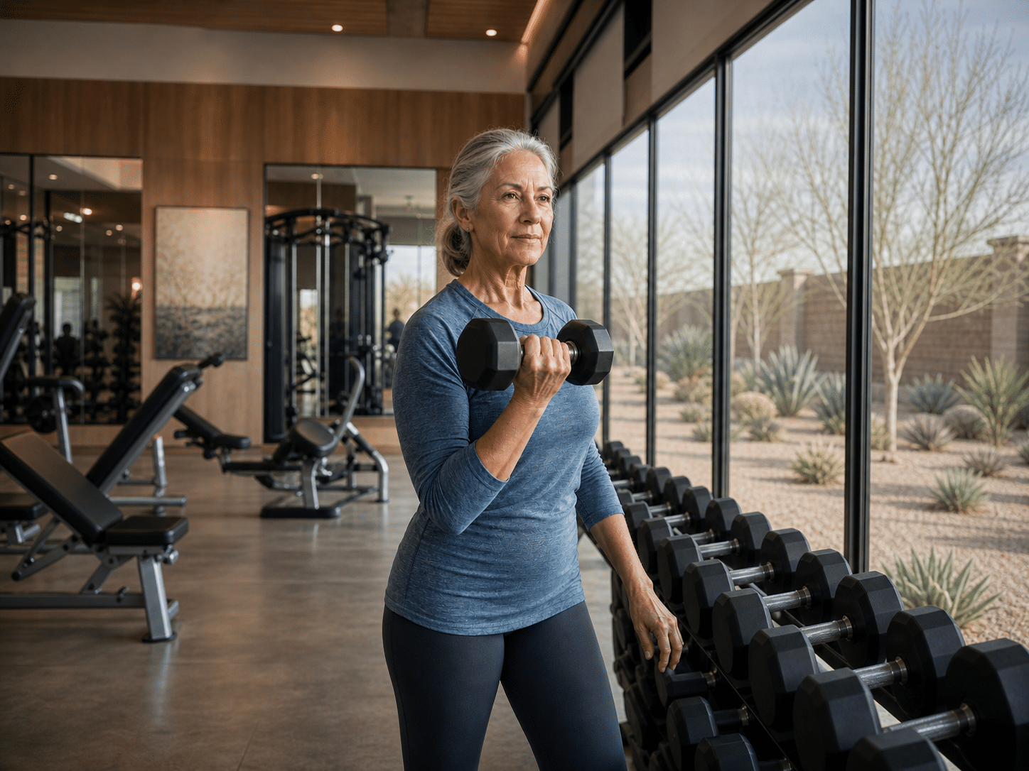 solo woman in her late 60s with gray hair pulled back, working with light free weights at a wall-mounted dumbbell rack inside a 48,000-square-foot 55-plus community wellness center in the Sonoran Desert