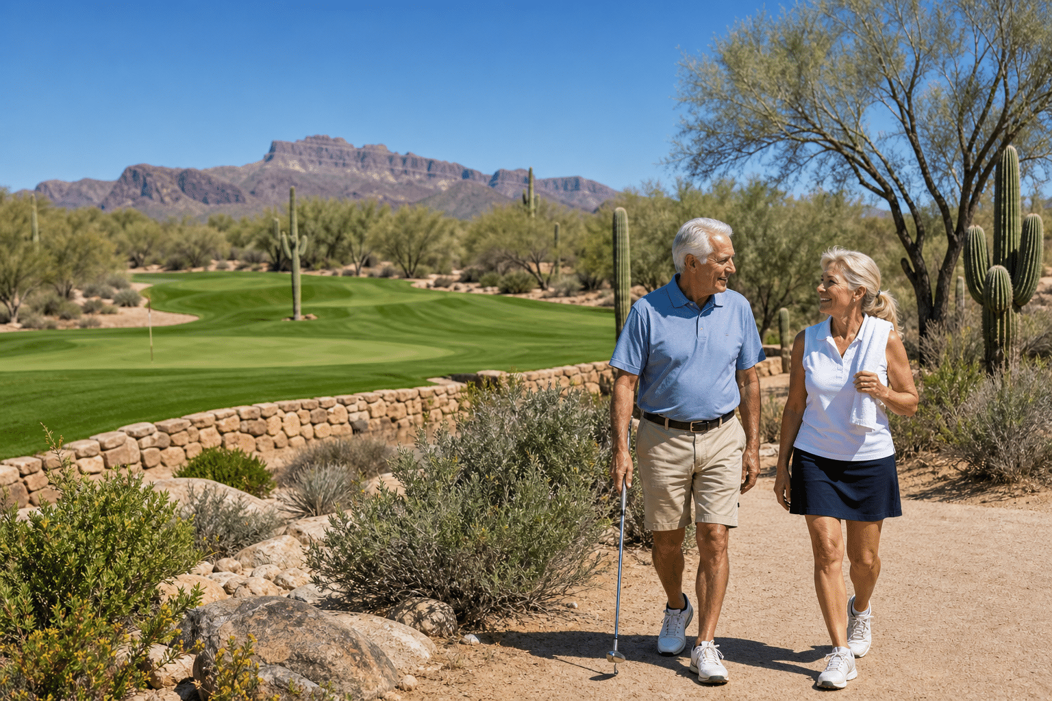 couple in their late 60s to early 70s walking off the green of a par-3 desert golf hole on a championship course in the Sonoran Desert of central Pinal County