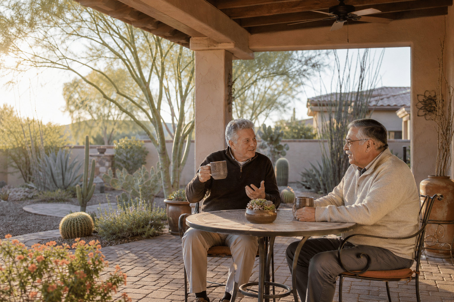 morning coffee at a small bistro table on a covered backyard patio of a single-story home at a 55-plus community