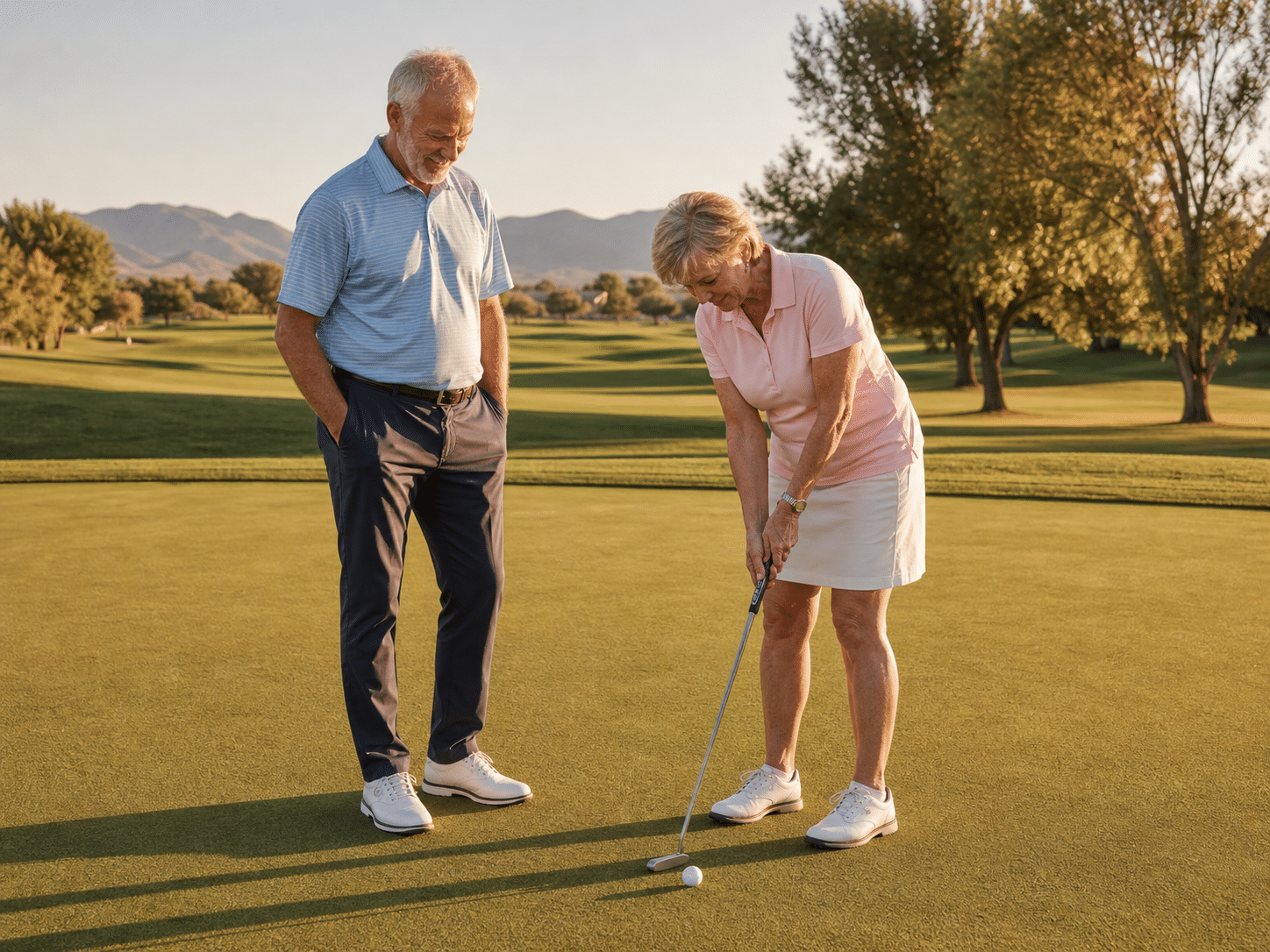 A couple in their late sixties on a Sun City West golf course green in late afternoon with the mountains a soft silhouette in the distance and the fairway curving behind them.