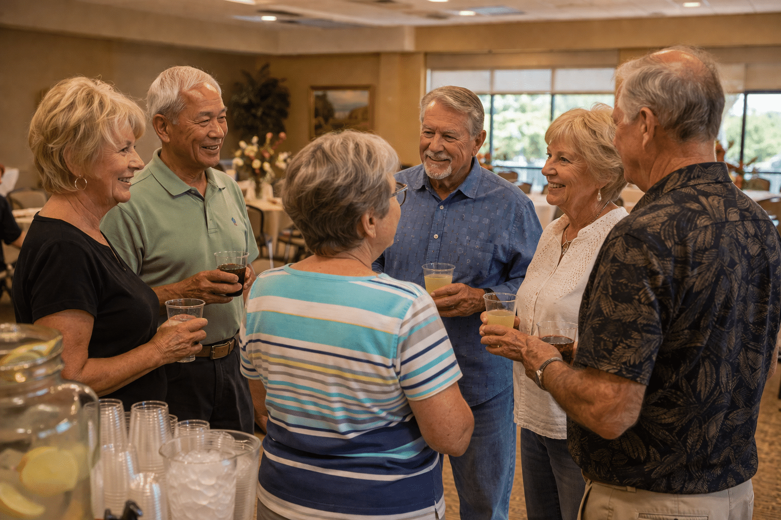 A residents' welcome event at a Sun City West clubhouse social hall with five or six residents in casual conversation around a beverage table in warm interior light.