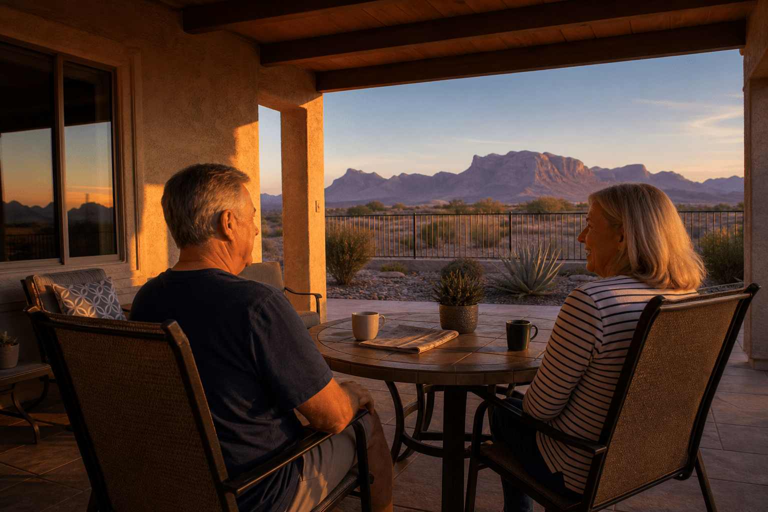 a couple in their late 60s on a covered back patio of a Trilogy at Power Ranch home in Gilbert, Arizona