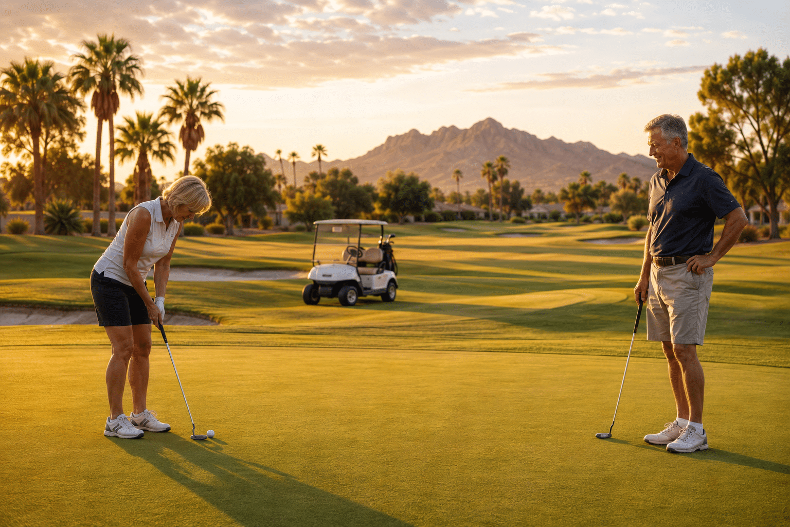 ouple in their early to mid-sixties on a Sun Lakes Arizona country club fairway at golden hour