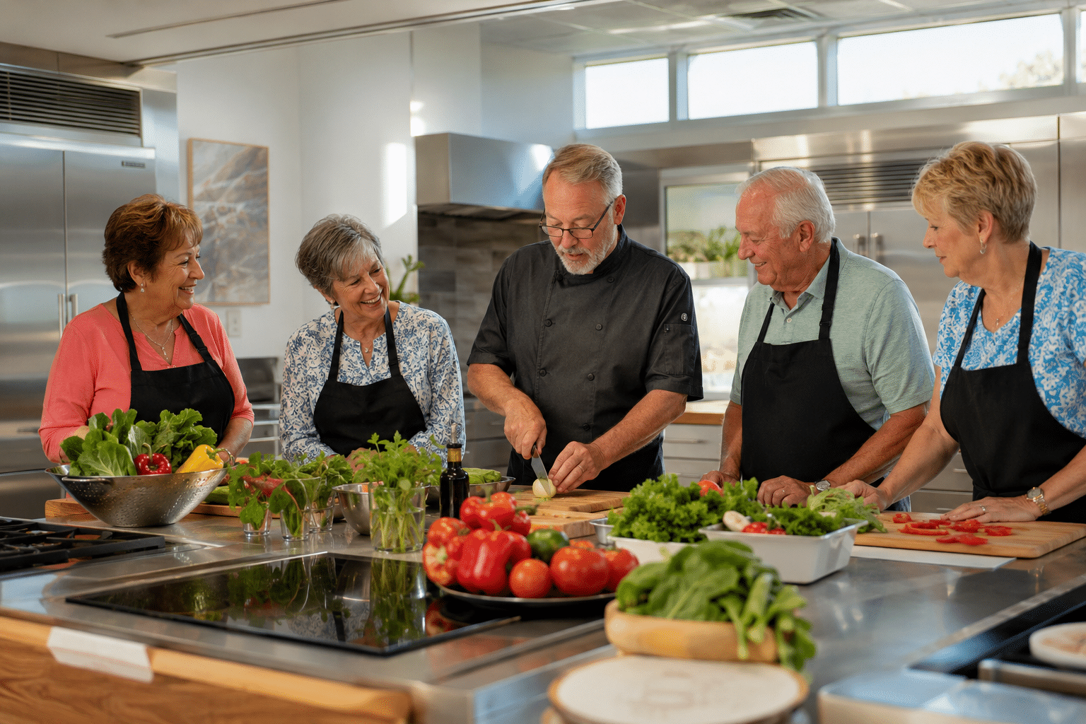 Sun Lakes Arizona residents engaged in a clubhouse cooking class in morning light