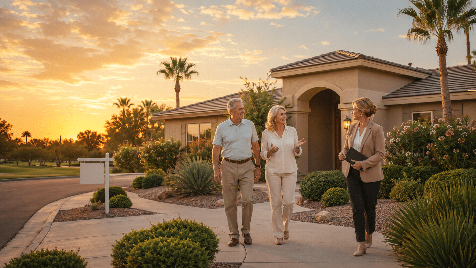 couple in their early sixties touring a Sun Lakes Arizona single-story home with a realtor at golden hour