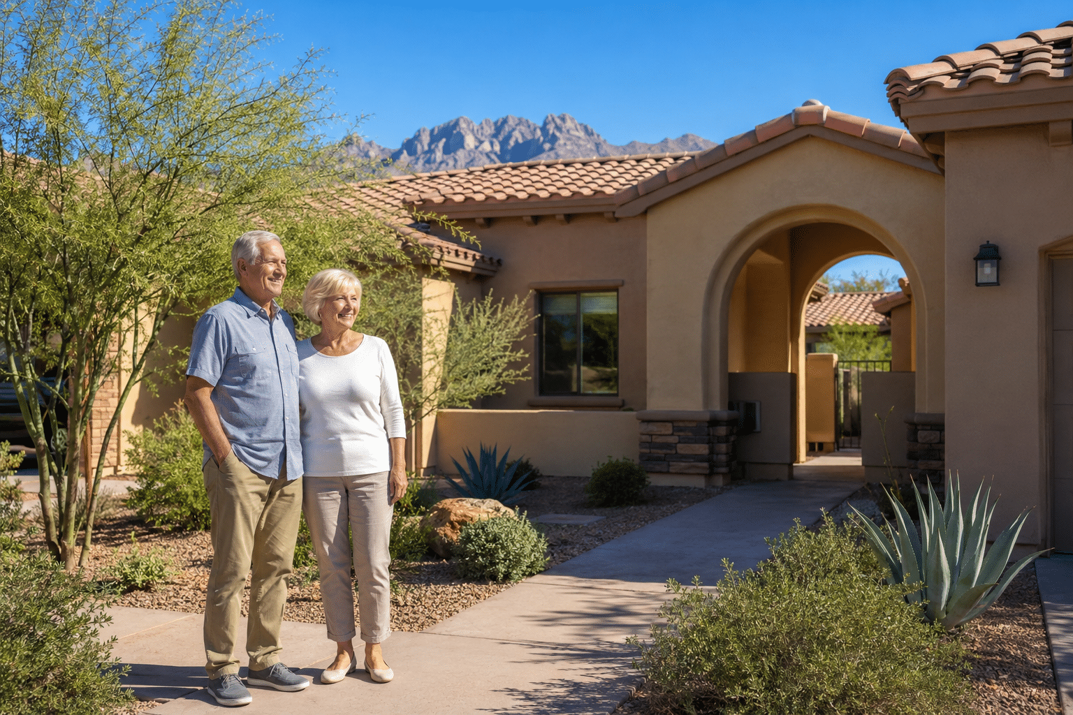 couple in their late 60s, different genders, standing on the front walkway of a newly completed single-story home at a 55+ community in southern Goodyear, Arizona
