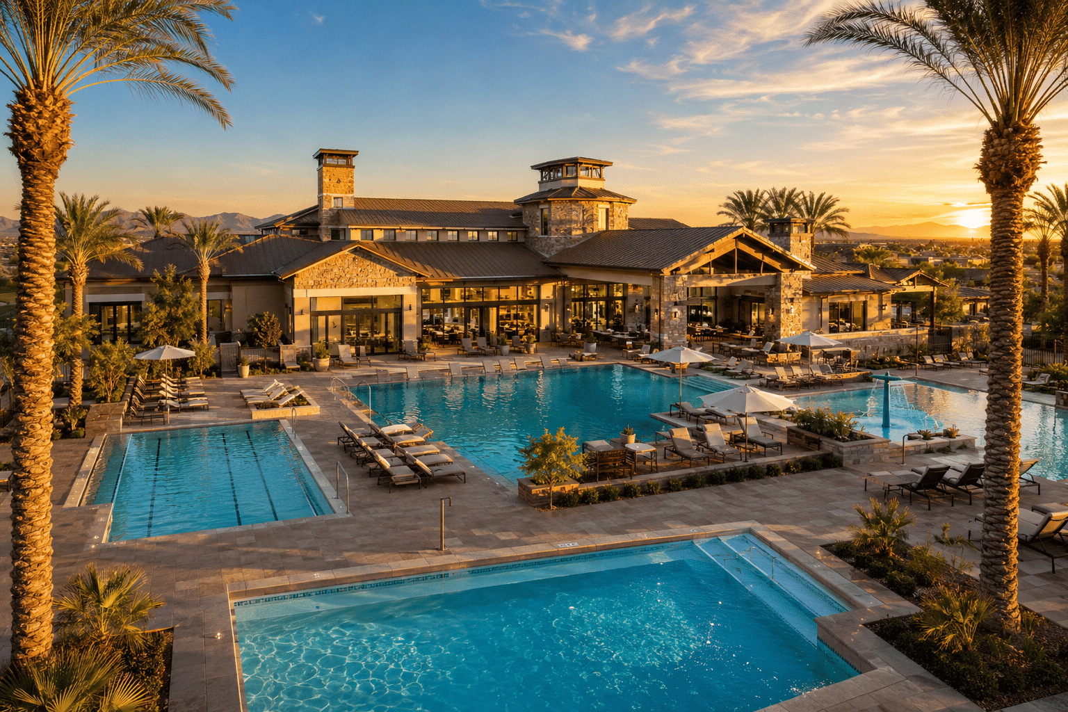 A late-afternoon golden-hour photograph of the Sterling Grove clubhouse exterior in Surprise Arizona