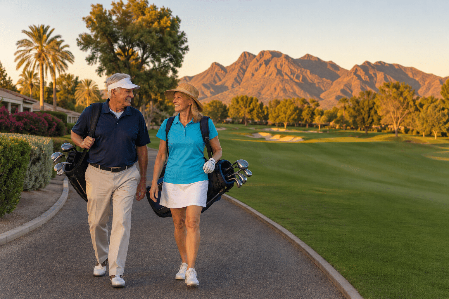 Mesa Real Estate lifestyle image of residents walking beside the Sunland Village golf course at golden hour - West Usa Realty