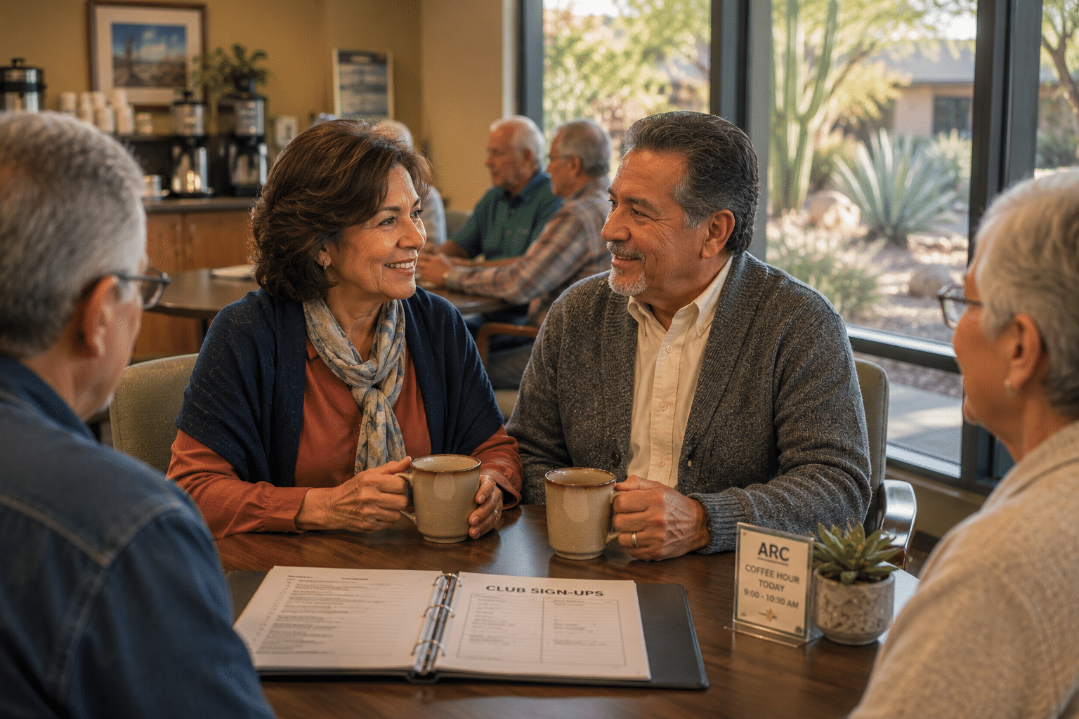 couple in their mid-sixties, seated with two other residents (in soft focus) at a round table during the morning coffee hour at the ARC main building.