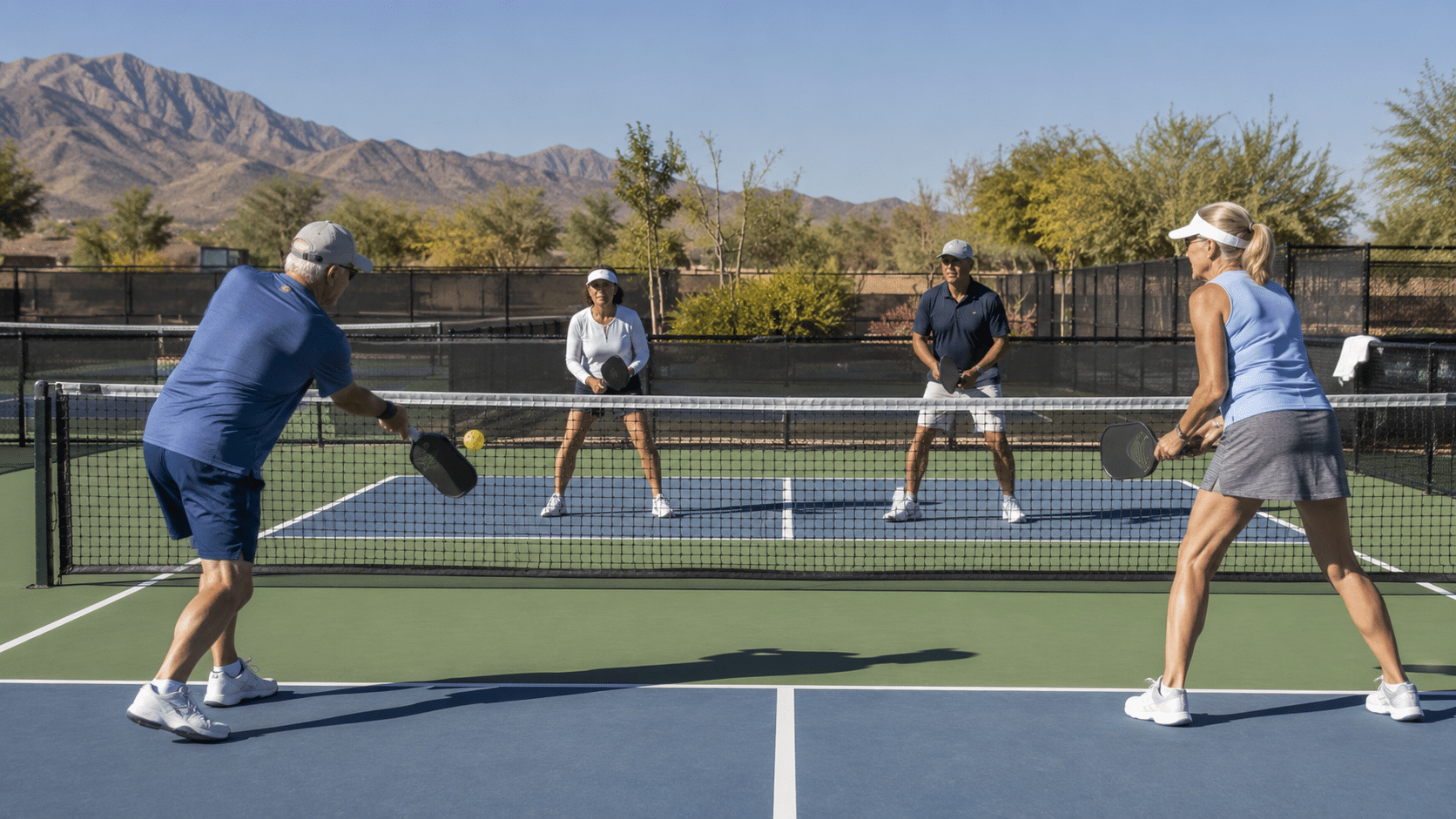 A pickleball doubles match in active play on a dedicated outdoor court at the Heritage Club at Victory