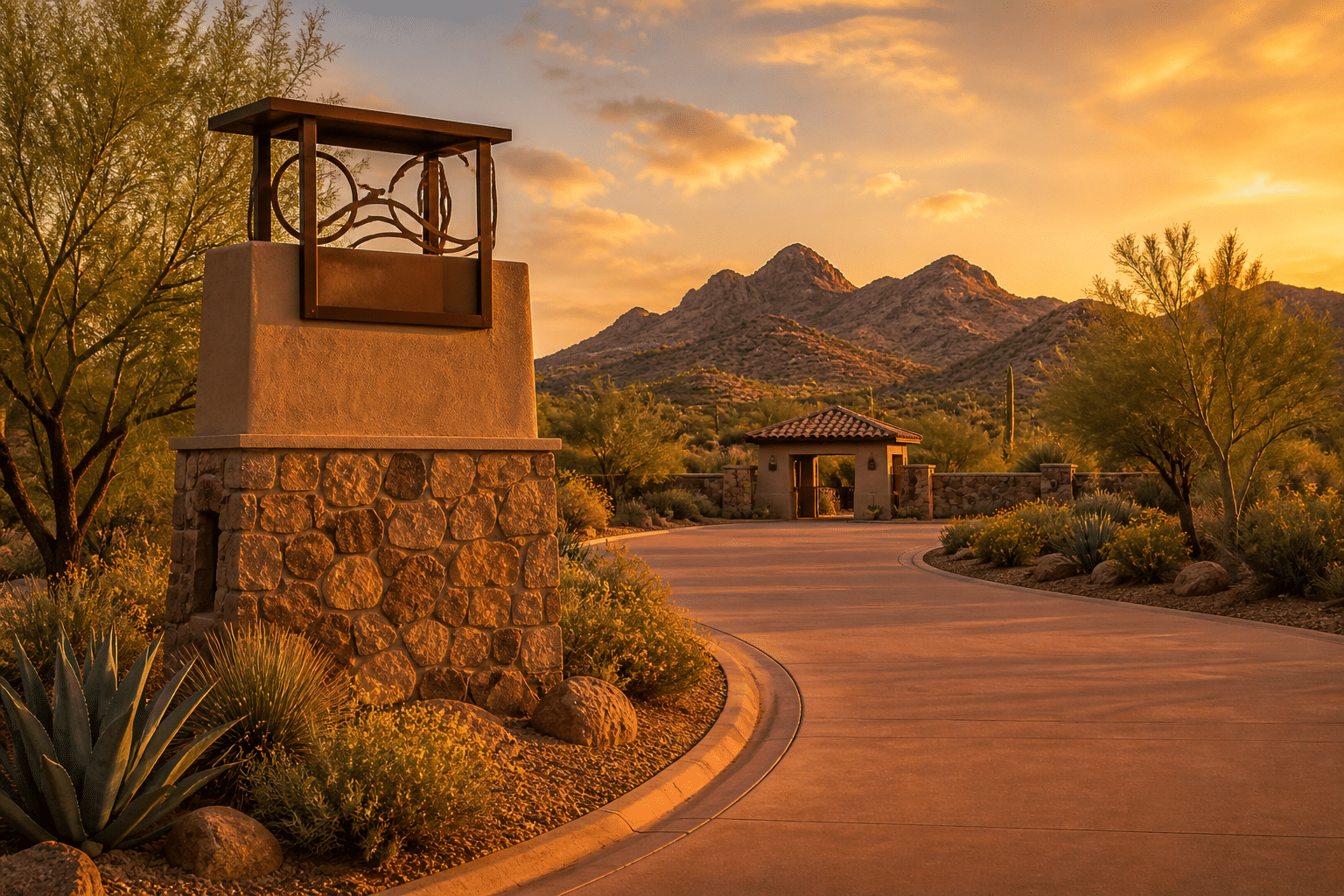 anch-country stone-and-stucco community entry monument under late golden-hour light