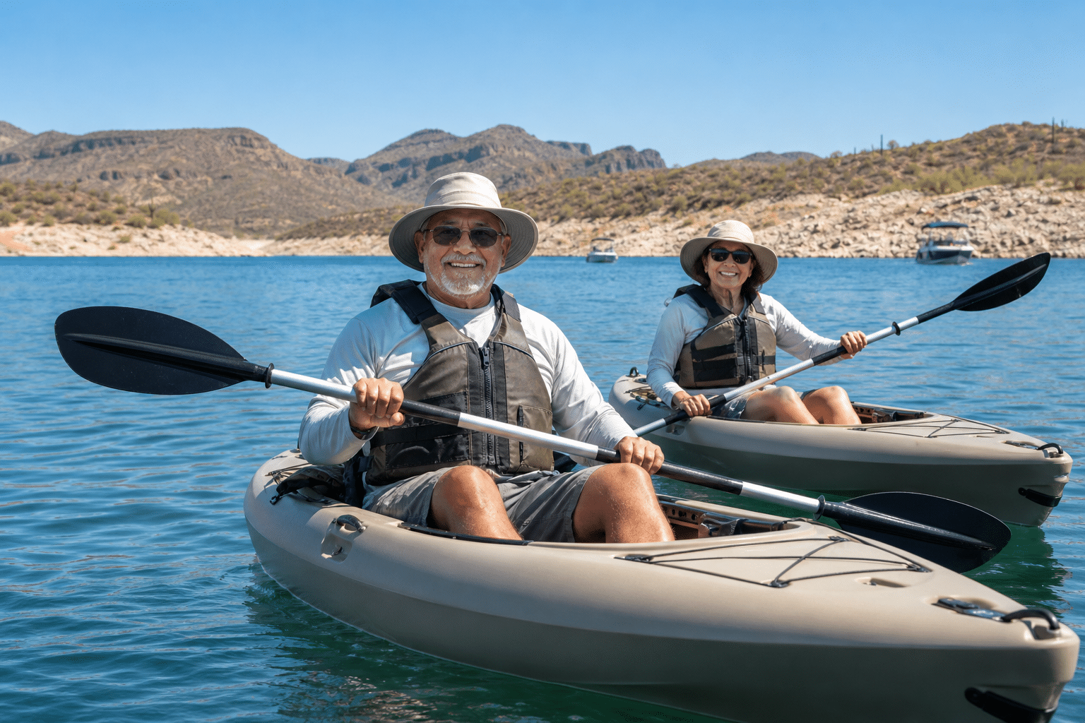 couple in their late 60s paddling matching neutral-tone sit-on-top kayaks on calm blue Lake Pleasant water