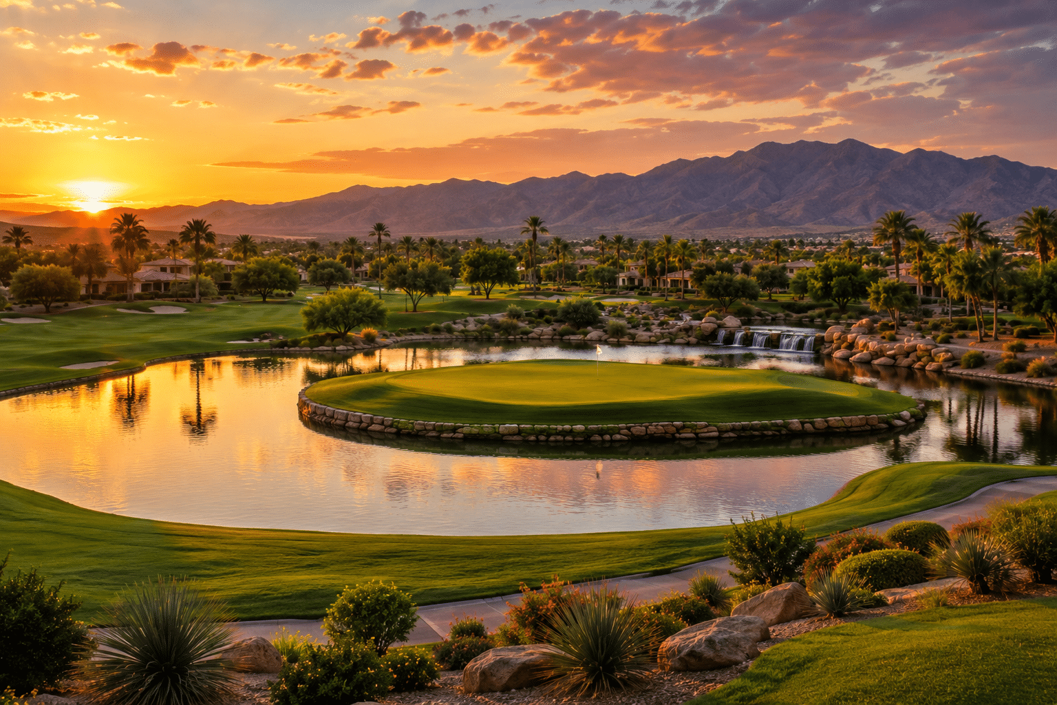 Seville Gilbert AZ island green 17th hole golf course at sunset