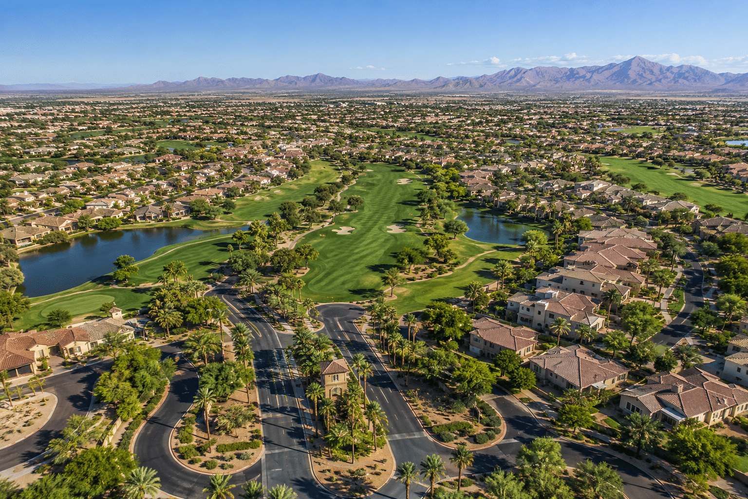 Seville Gilbert AZ master-planned community aerial view with golf course