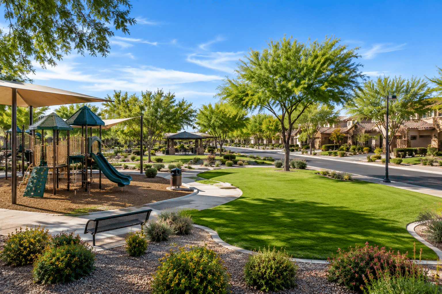 Power Ranch Gilbert neighborhood park with playground and tree-lined streets