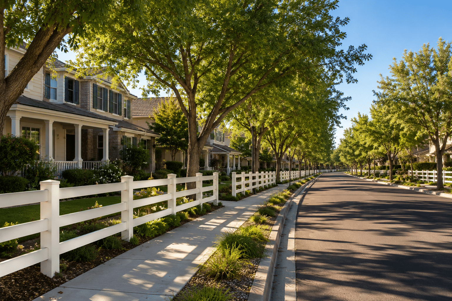 Morrison Ranch Gilbert white rail fences tree-lined street
