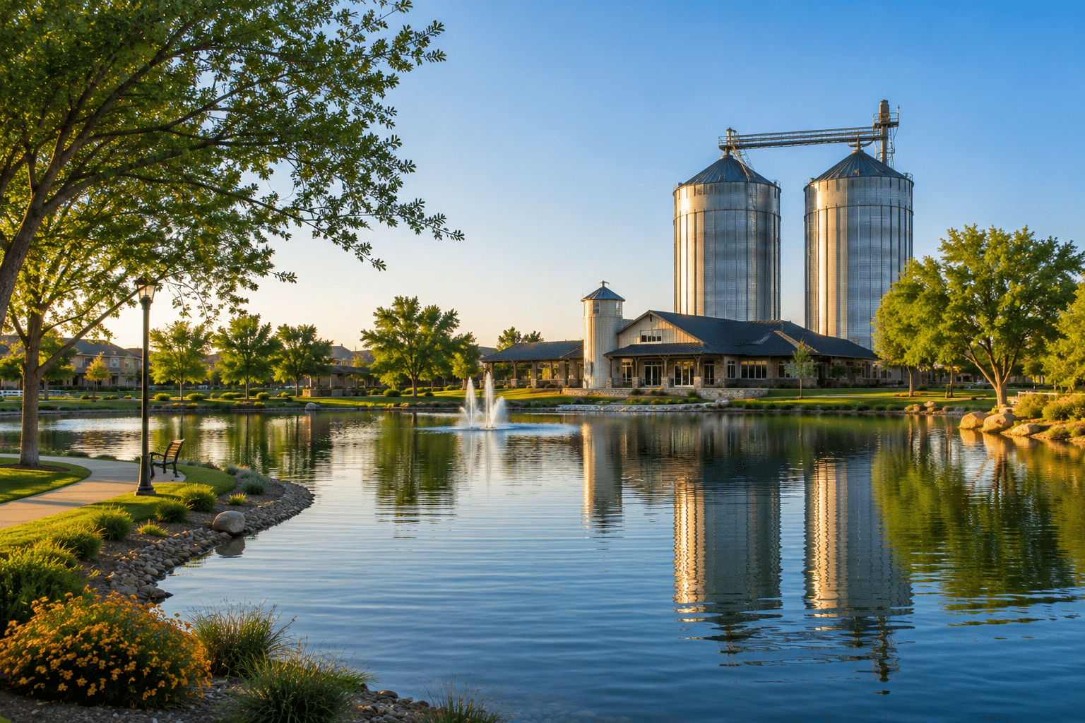 Morrison Ranch Gilbert fishing lake with grain silos landmark