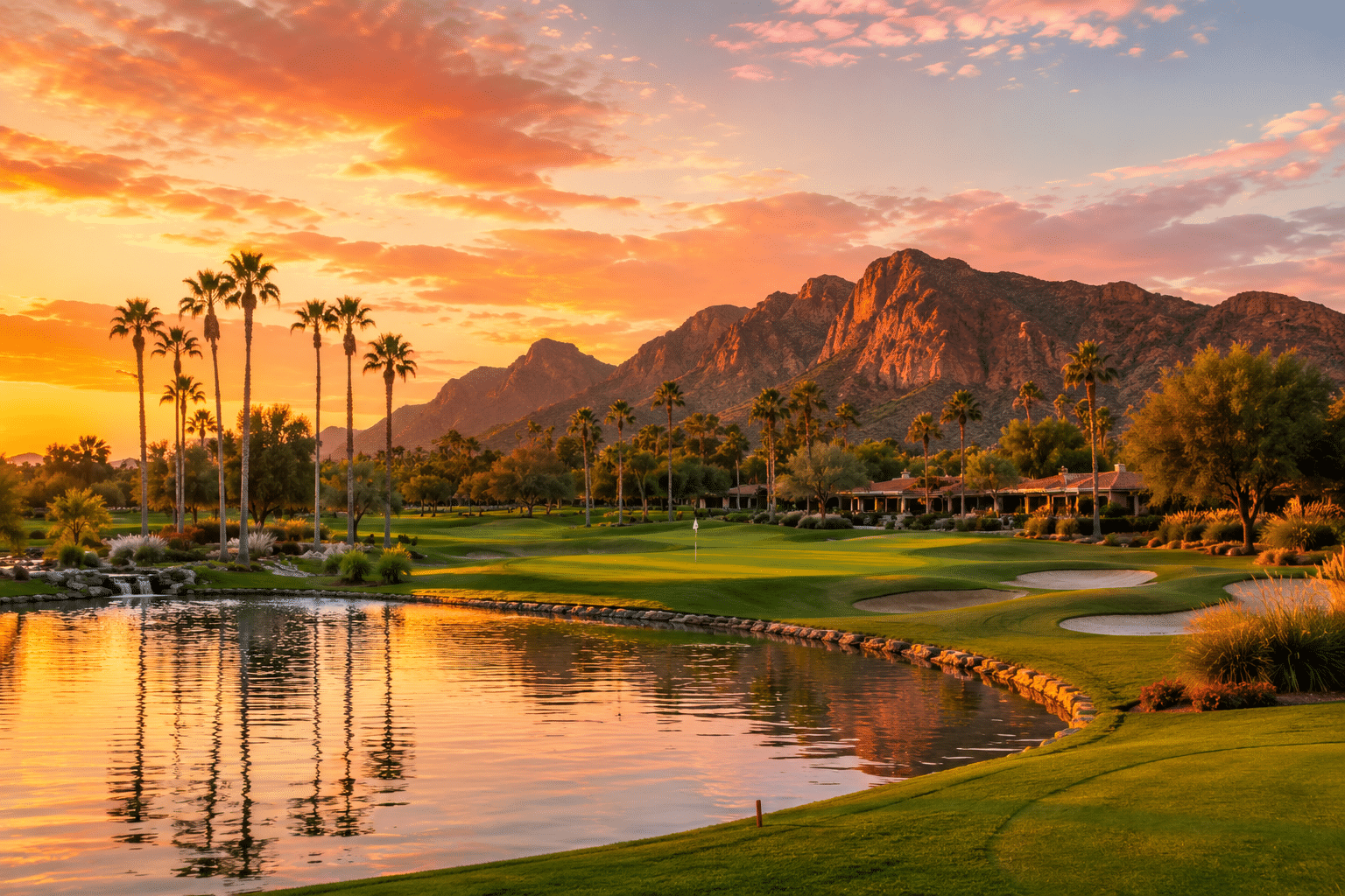 McCormick Ranch Golf Club Palm Course at sunset with Camelback Mountain views