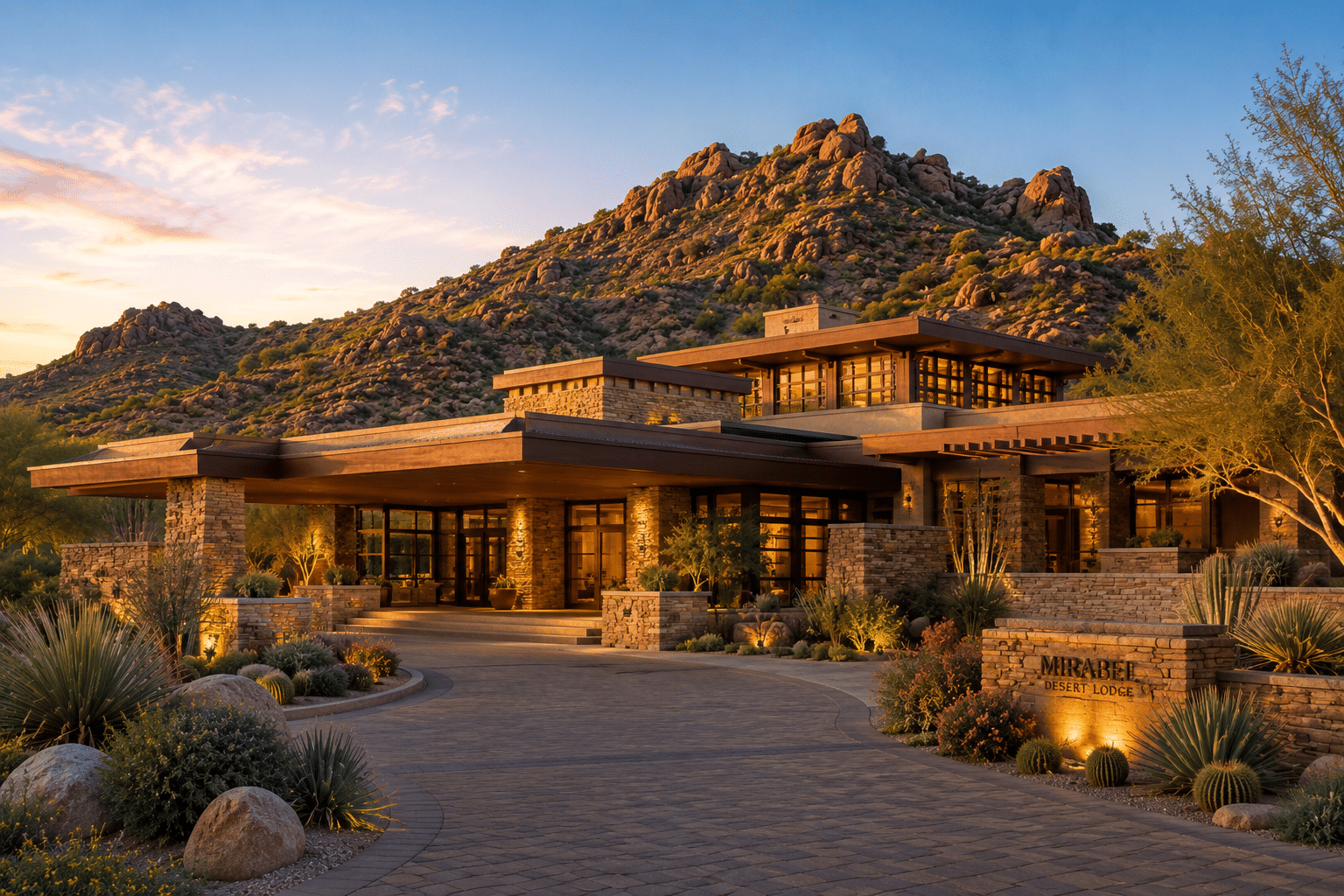 Mirabel Desert Lodge Clubhouse exterior Frank Lloyd Wright-inspired architecture