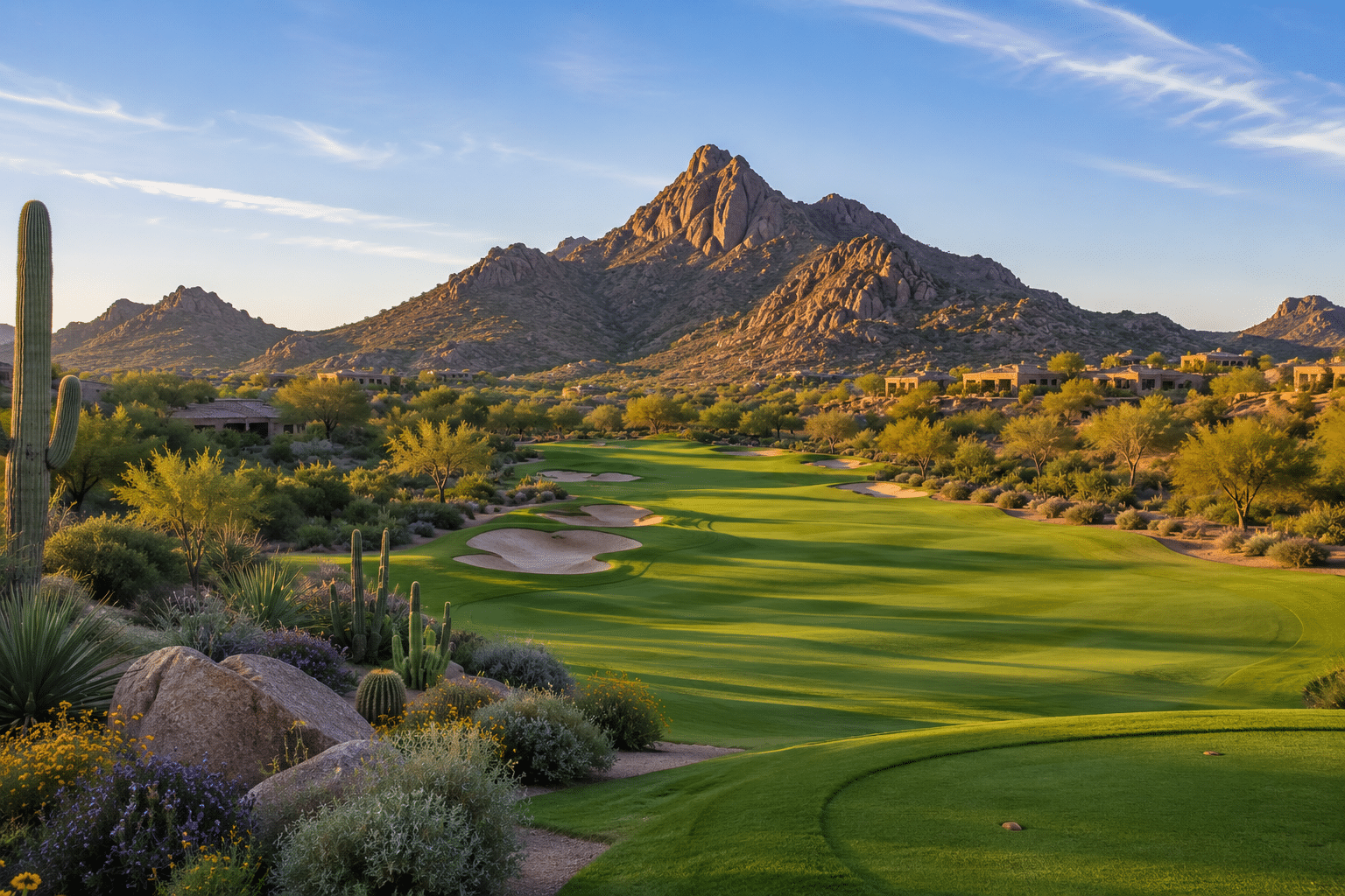Mirabel Golf Club Tom Fazio championship course fairway with Pinnacle Peak backdrop
