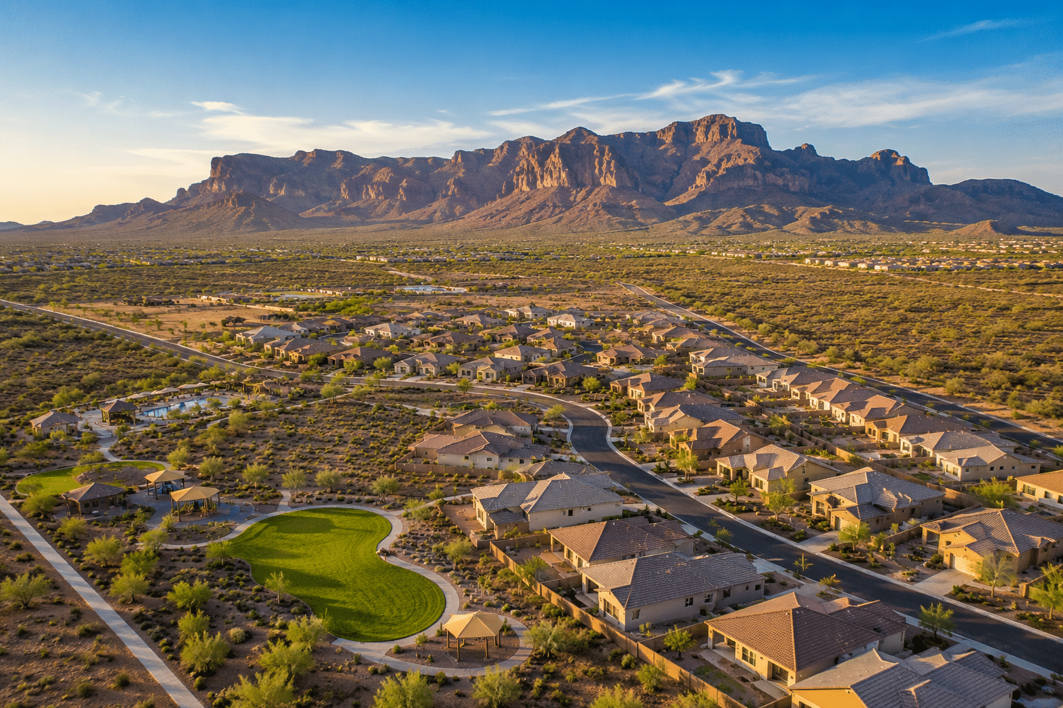 Radiance at Superstition Vistas master-planned community aerial view with Superstition Mountains backdrop