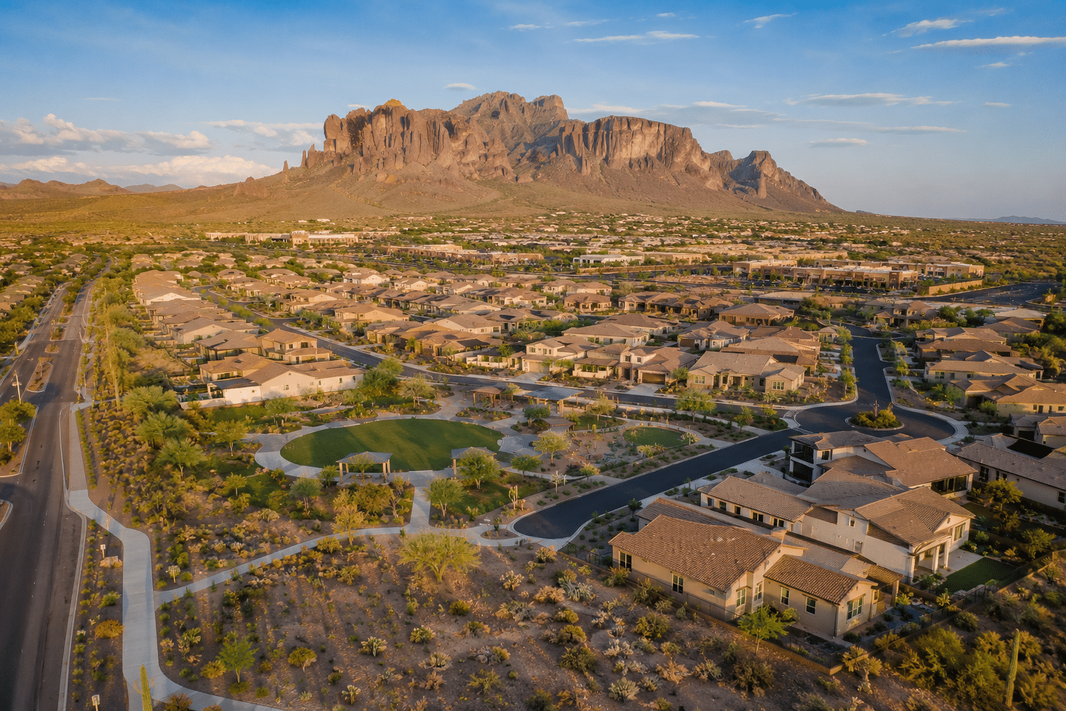Blossom Rock Apache Junction master-planned community aerial view with Superstition Mountains