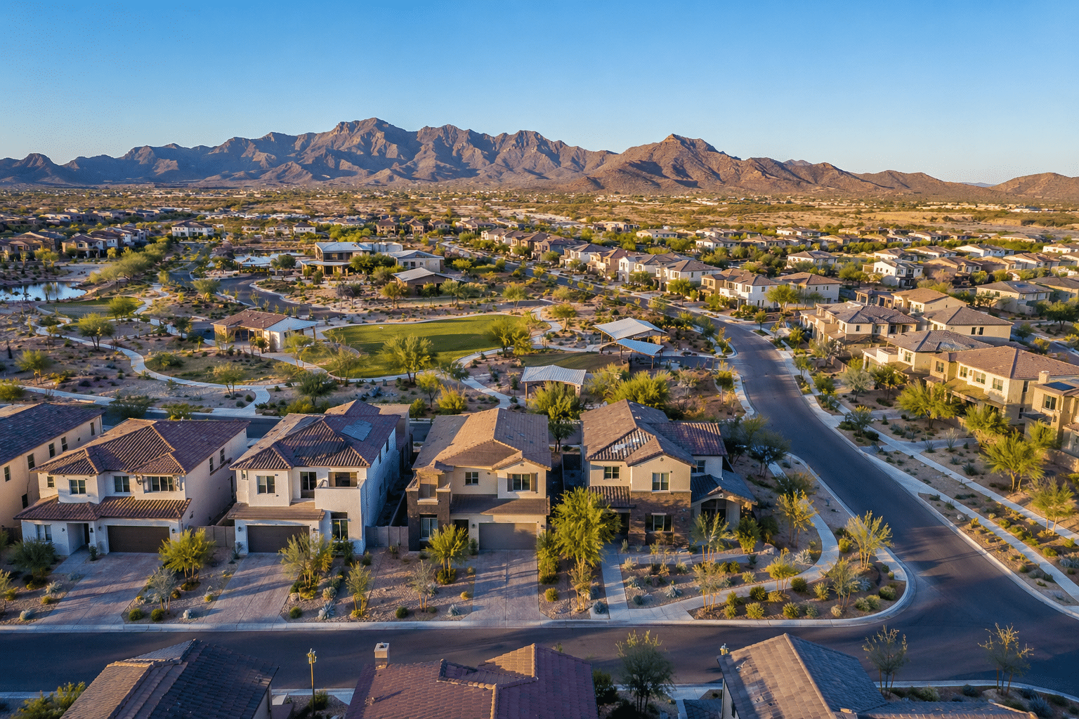 Alamar master-planned community aerial view with Sierra Estrella Mountains backdrop