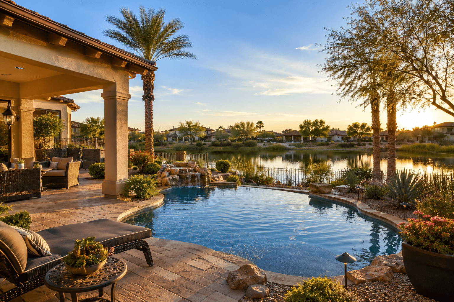 Crystal Gardens Avondale waterfront backyard with pool and lake view